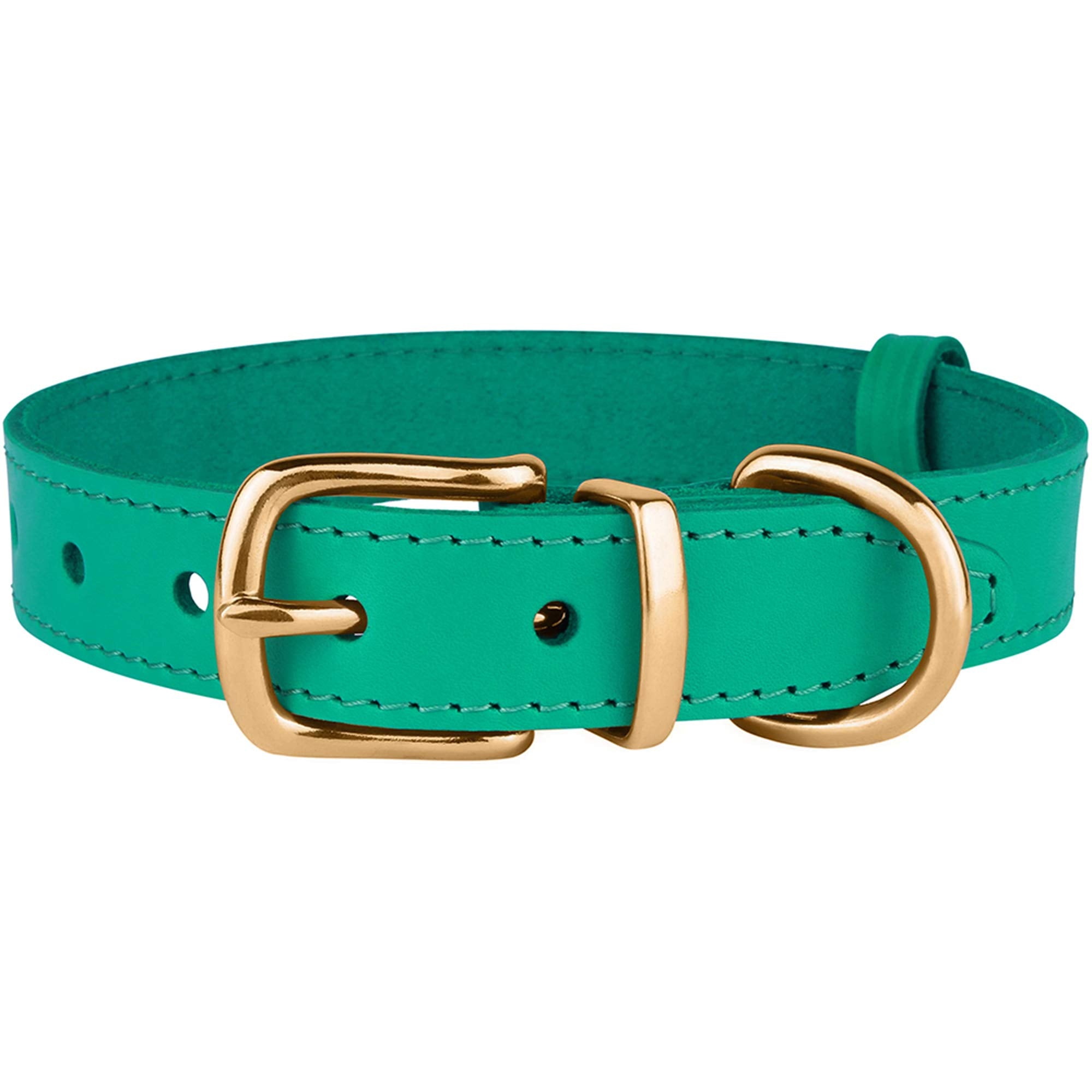 BRONZEDOG Leather Dog Collar - Durable Metal Buckle, 14-17 Inch, Green & Gold Buckle for Small Medium Large Dogs