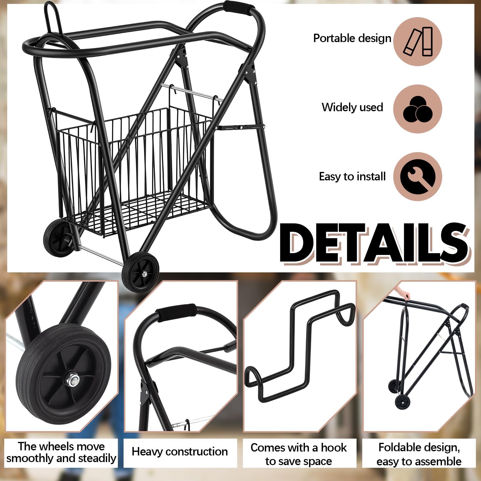 Kritkin Heavy Duty Rolling Horse Saddle Tack Cart, Iron, Black, Model KS-Kritkin-0684, Foldable Organizer with Hooks for Easy Transport