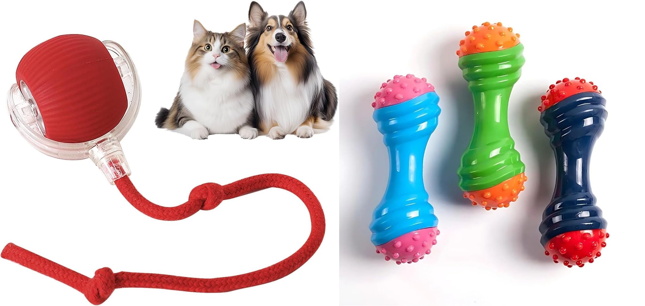 Pet Fun Pet Toy Combo  Interactive Cat Ball Toy With Rope Tail & DumbbellShaped Rubber Chew Toy For Dogs  Smart Rolling, Dura