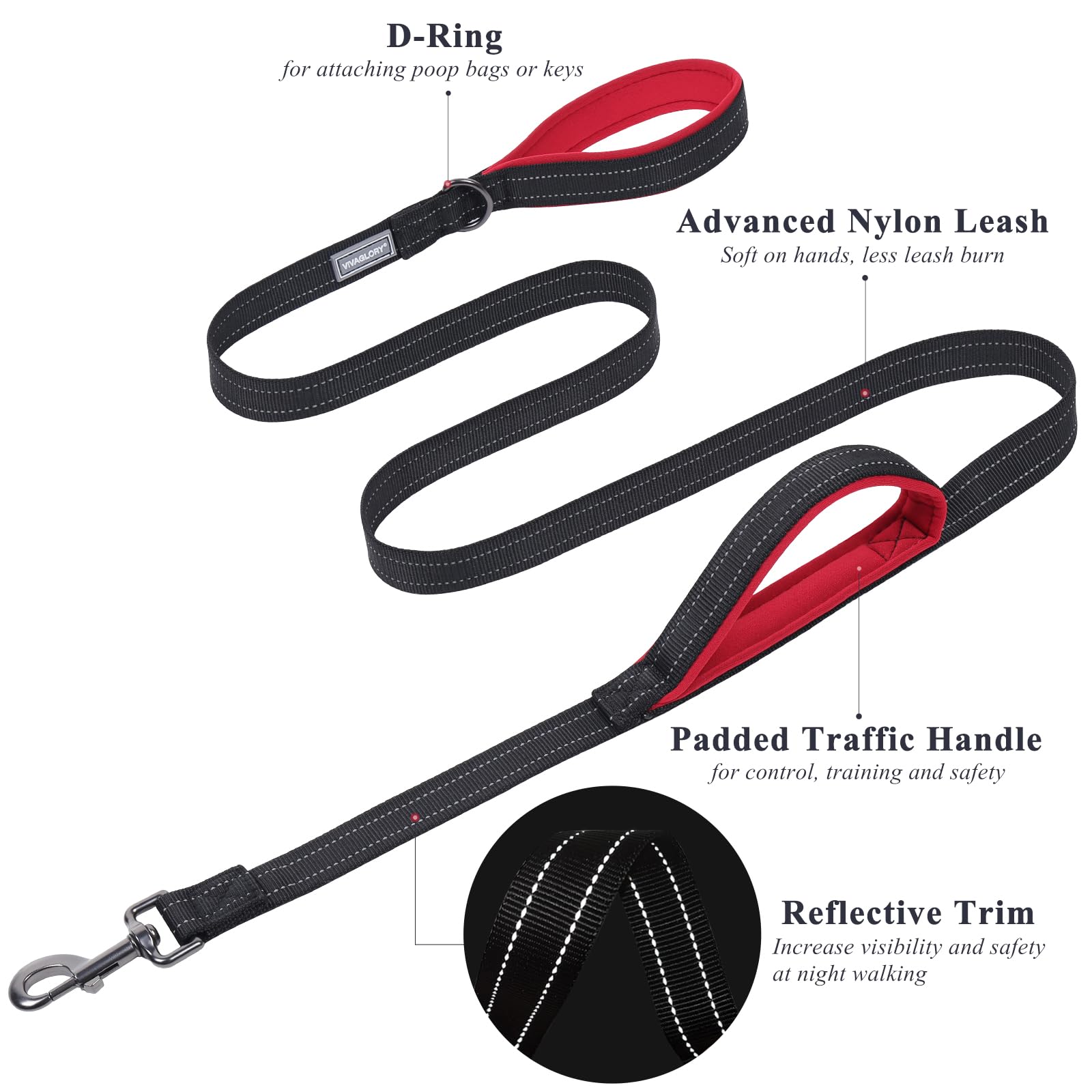 Vivaglory Traffic Handle Dog Leashes, Two Padded Soft Handles Strong Dog Leash, Reflective & Metal Hook Training Pet Lead, Black