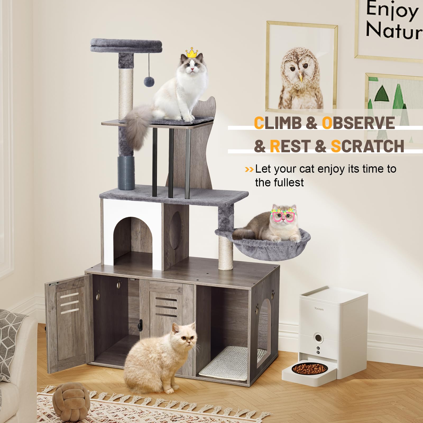 Snughome Cat Tree With Litter Box Enclosure Furniture, 2-In-1 Modern Cat Tower, 58.66 Wood Cat Condo With Scratching Post And Ha