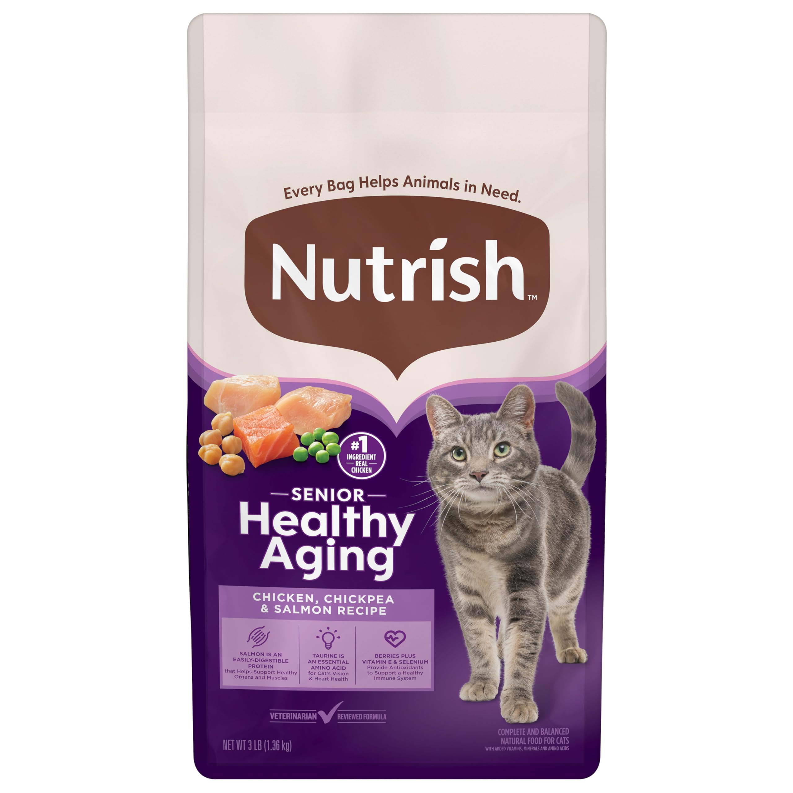 Nutrish Senior Healthy Aging Chicken, Chickpea and Salmon Dry Cat Food, 3 lb. Bag (Rachael Ray)