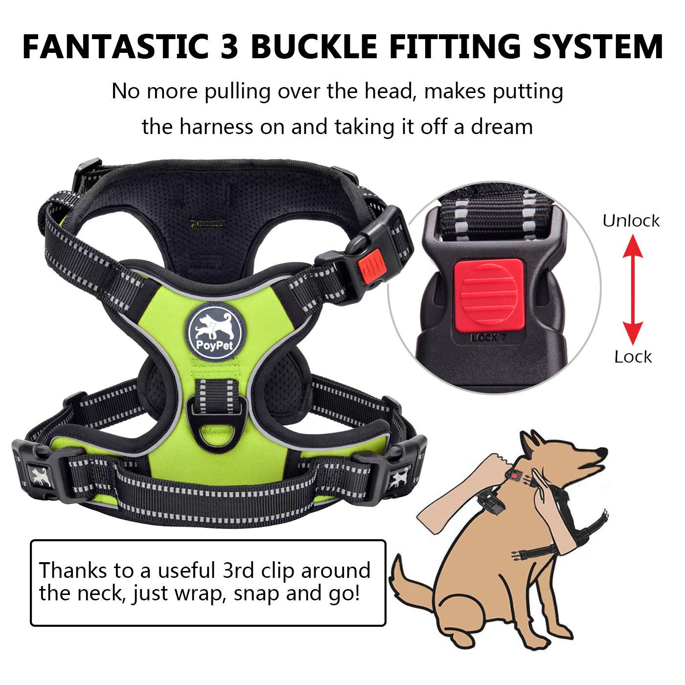Poypet No Pull Dog Harness, No Choke Front Clip Dog Reflective Harness, Adjustable Soft Padded Pet Vest With Easy Control Handle For Small To Large Dogs(Green,L)