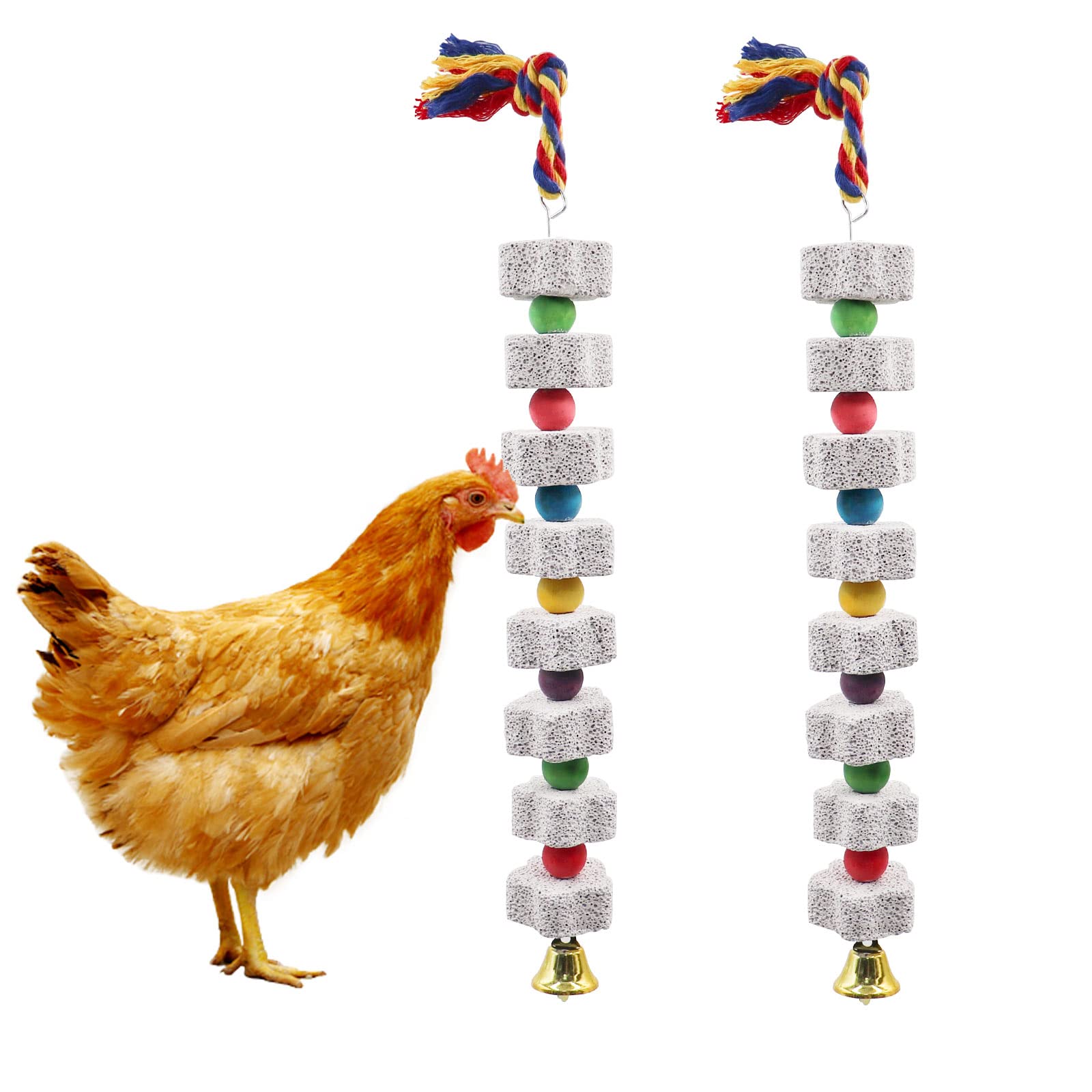 Oooct 2 Pack Large Chicken Chewing Toy, Chick Beak Grinding Calcium Stone with Bells, Chicken Cage Accessories, Cage Toys for Co