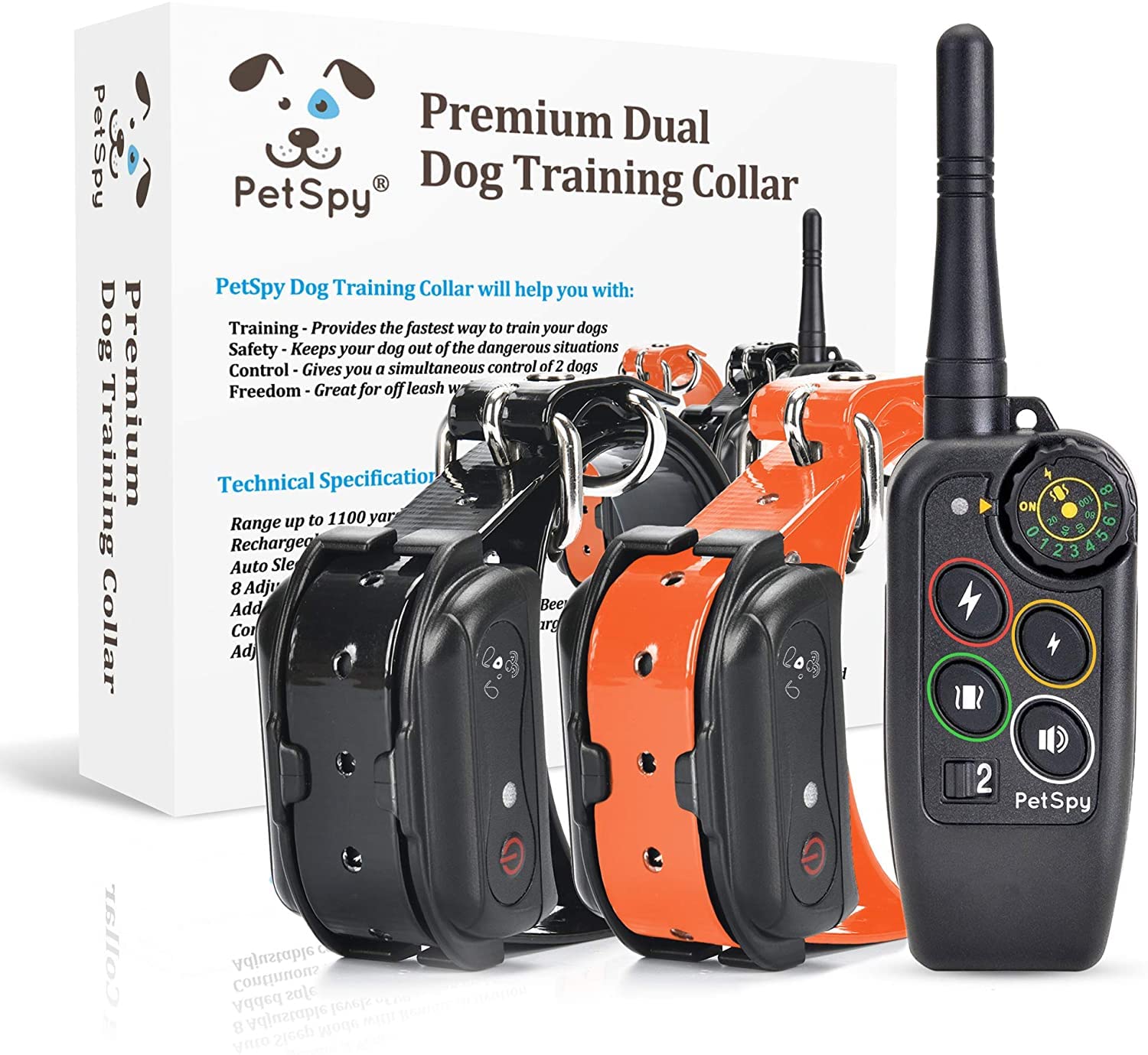 Petspy M686 Premium Dog Training Shock Collar, 1100 Yards, Medium To Large Dogs, With Vibration, Electric Shock And Beep, Waterproof, Remote Trainer (Two Dogs)