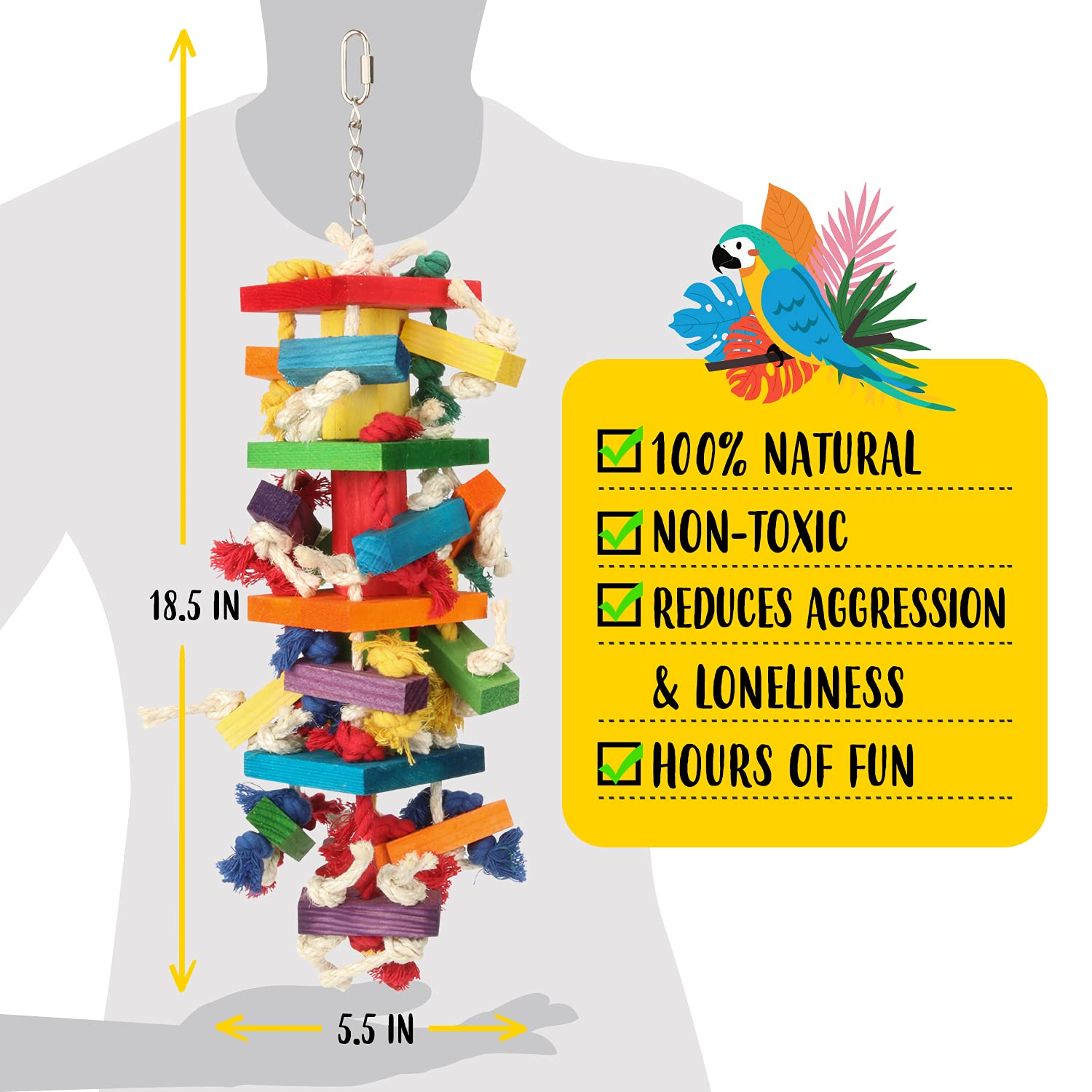 GATMAHE Macaw Toys, Extra Large Parrot Toys, Bird Toys for Parrots African Grey, Amazon Parrots, Parakeet Natural Wooden Block T