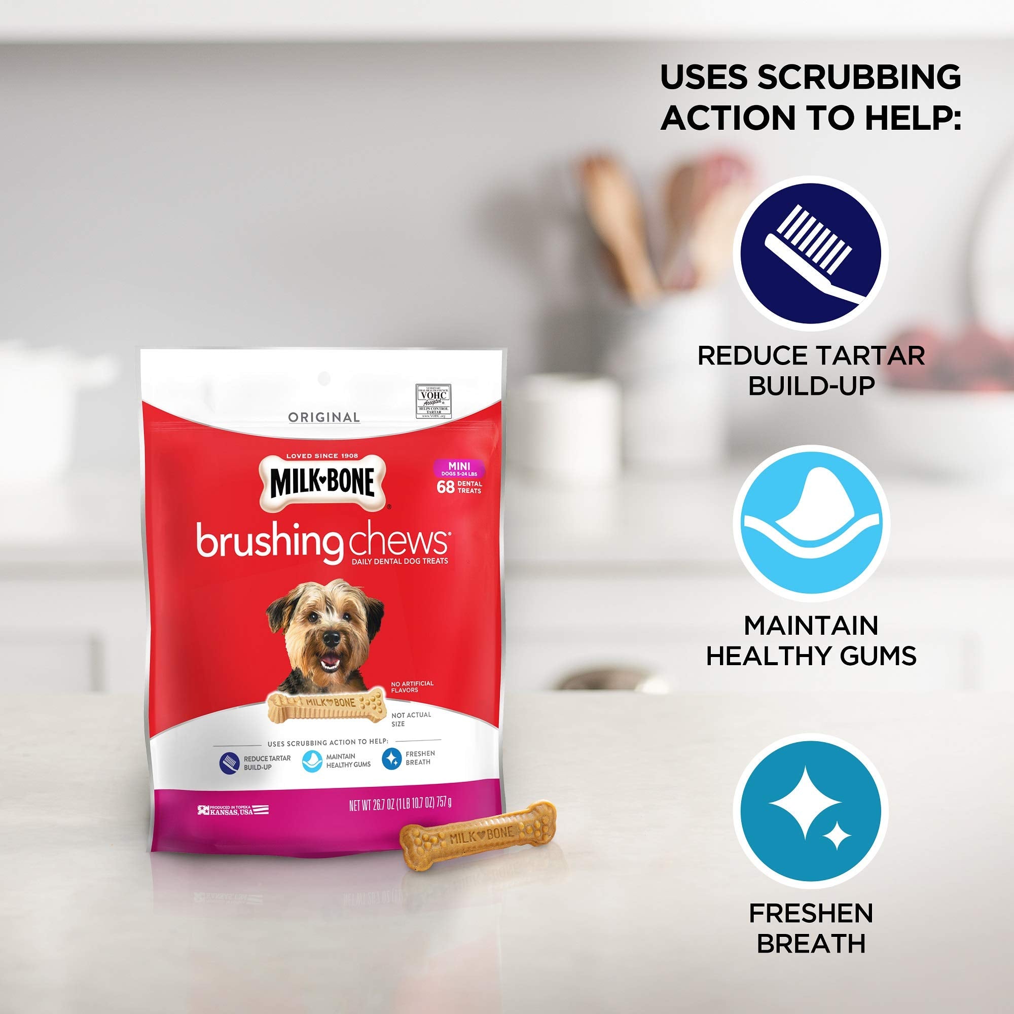 Milk-Bone Original Brushing Chews, 18 Mini Daily Dental Dog Treats (Pack of 5) Scrubbing Action Helps Clean Teeth