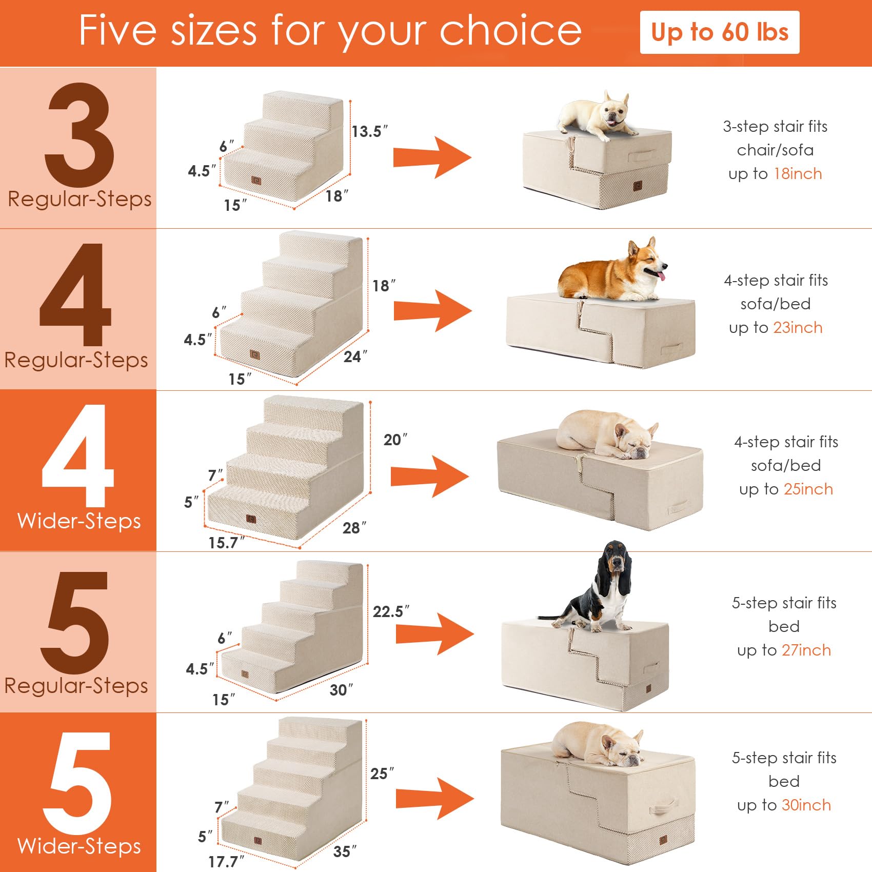 Eheyciga Dog Stairs For High Bed 25”H, 5-Step Extra Wide Dog Steps For Bed, Pet Steps For Small Dogs And Cats, Non-Slip Balanced Dog Indoor Ramp, Beige