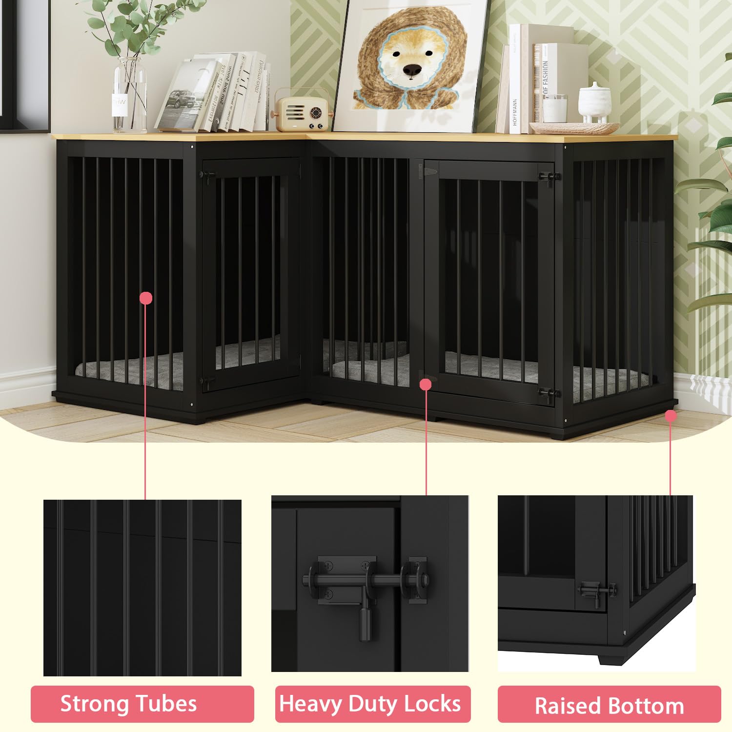 DAWNSPACES Corner Dog Crate Cage, Indoor Furniture Style Heavy Duty Dog Kennel House with Double Rooms & Removable Divider for L