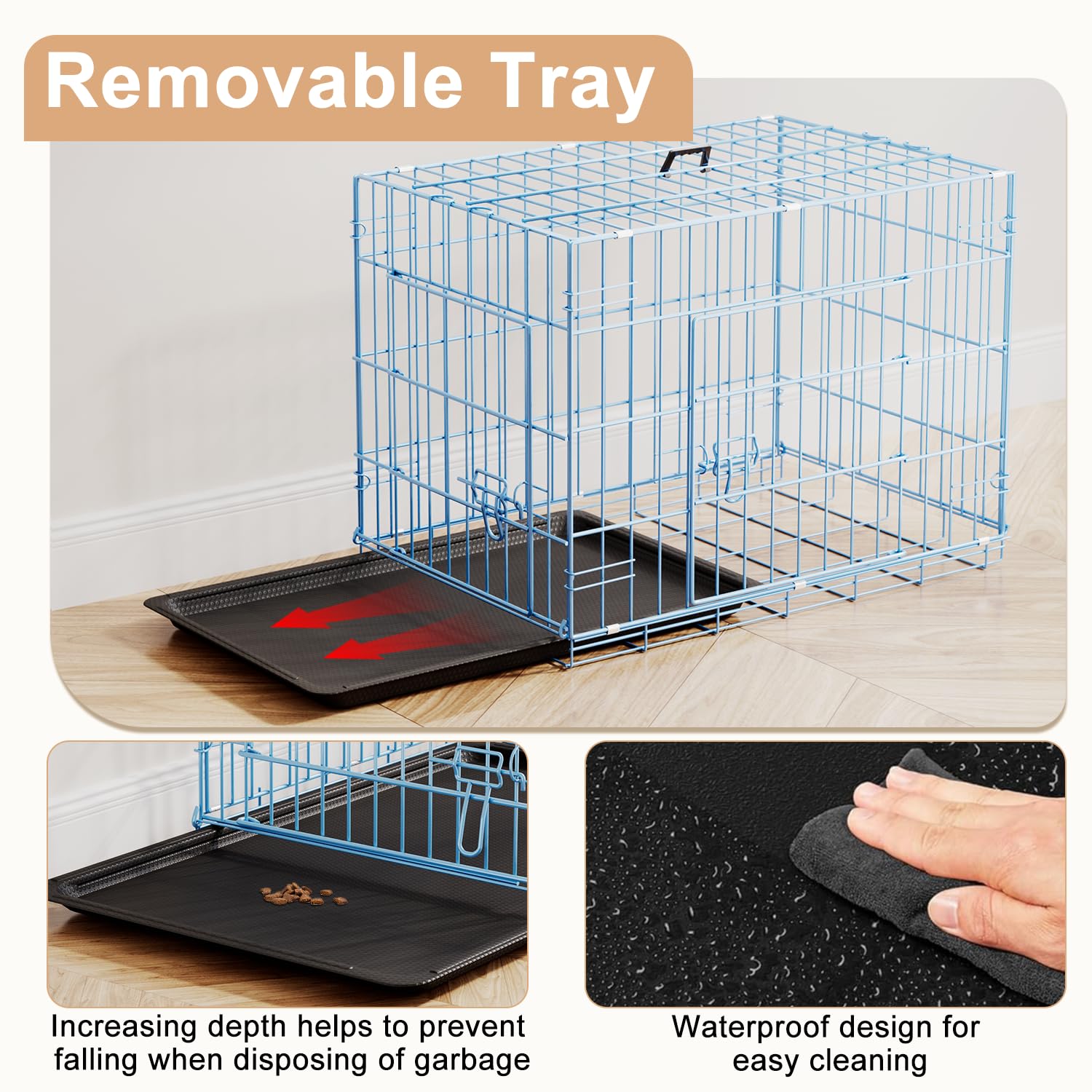 FDW 24inch Dog Crate Pet Cage with Metal Folding Design Plastic Tray Indoor Outdoor Dog Kennel Cage for Small Dogs,Blue