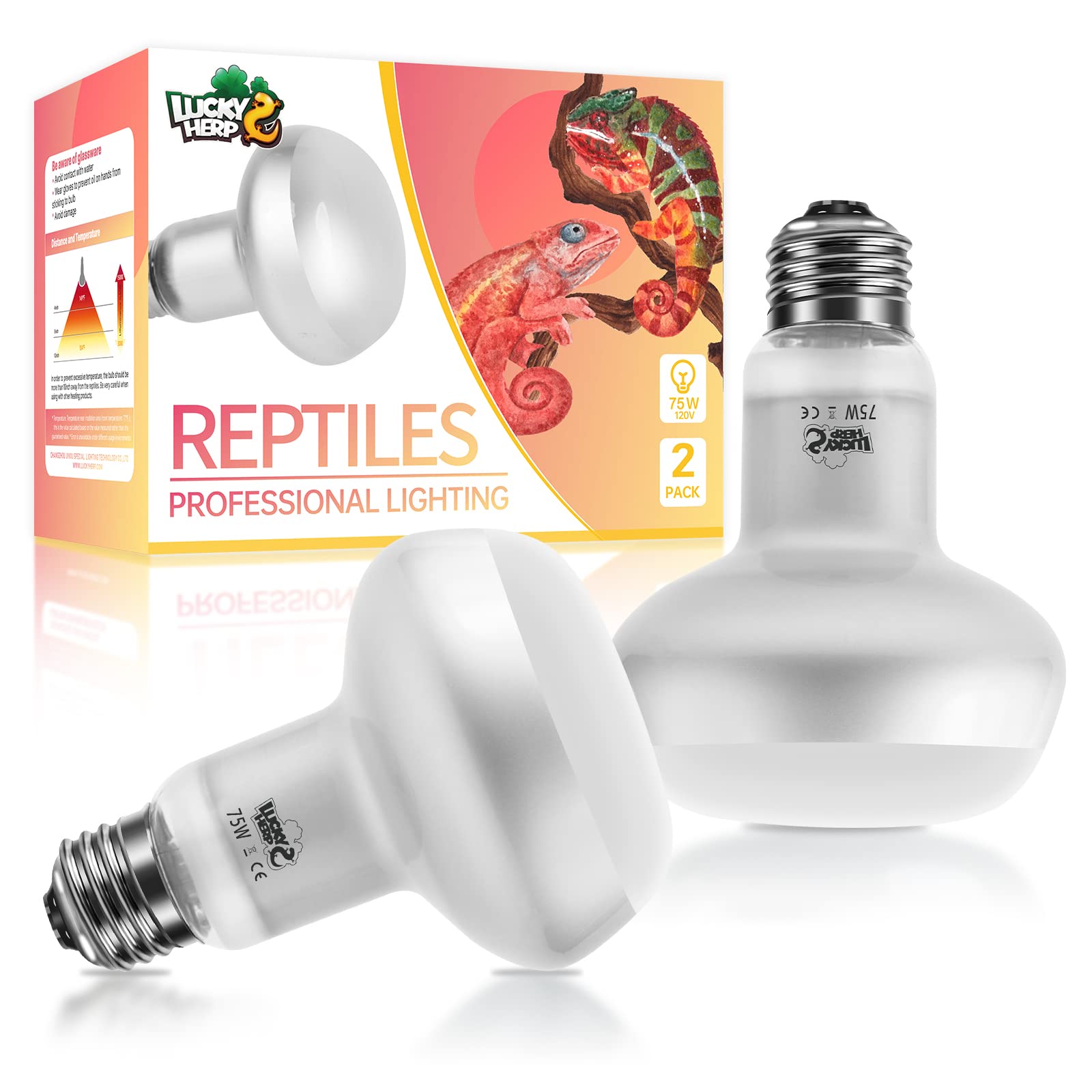 LUCKY HERP Intense Heat Lamp Bulbs for Reptiles 75W 2 Pack, UVA Daylight Reptile Heat Lamp, Reptile Basking Heat Light Bulb for 