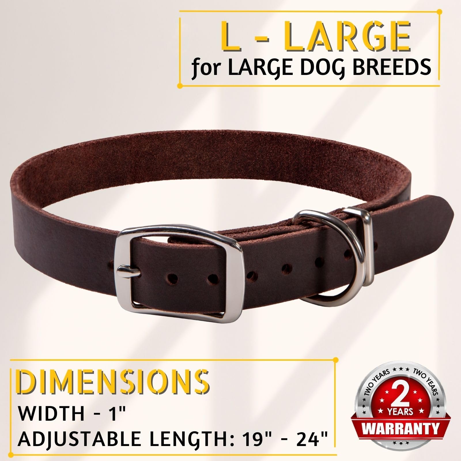 ADITYNA Leather Dog Collar for Large Dogs - Soft Top-Grain Leather, Brown, 19-24 inches, Classic Style