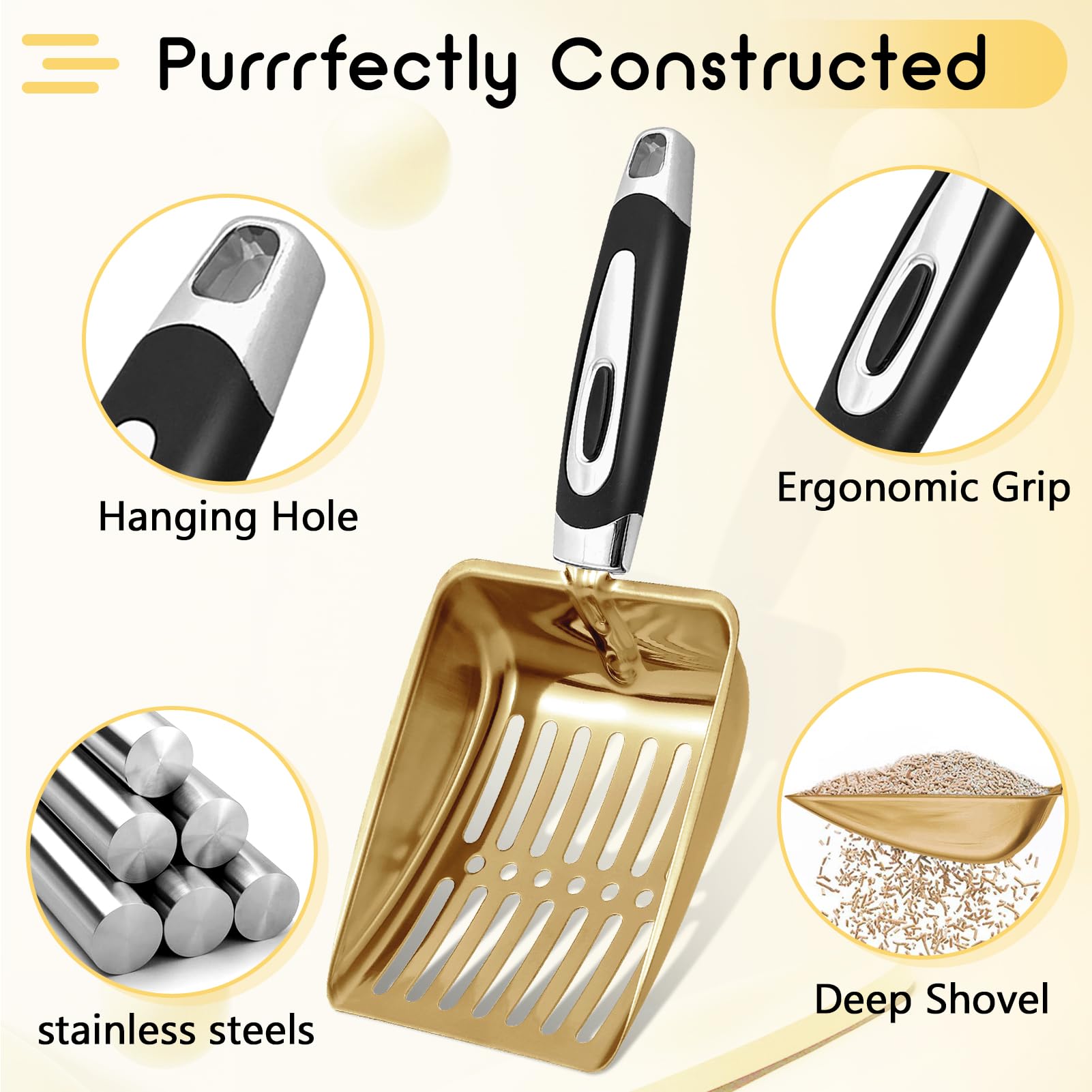 NewGF Stainless Steel Cat Litter Scoop - Medium Gold Metal Scooper with Sturdy Mesh, Model US-Cat-Gold