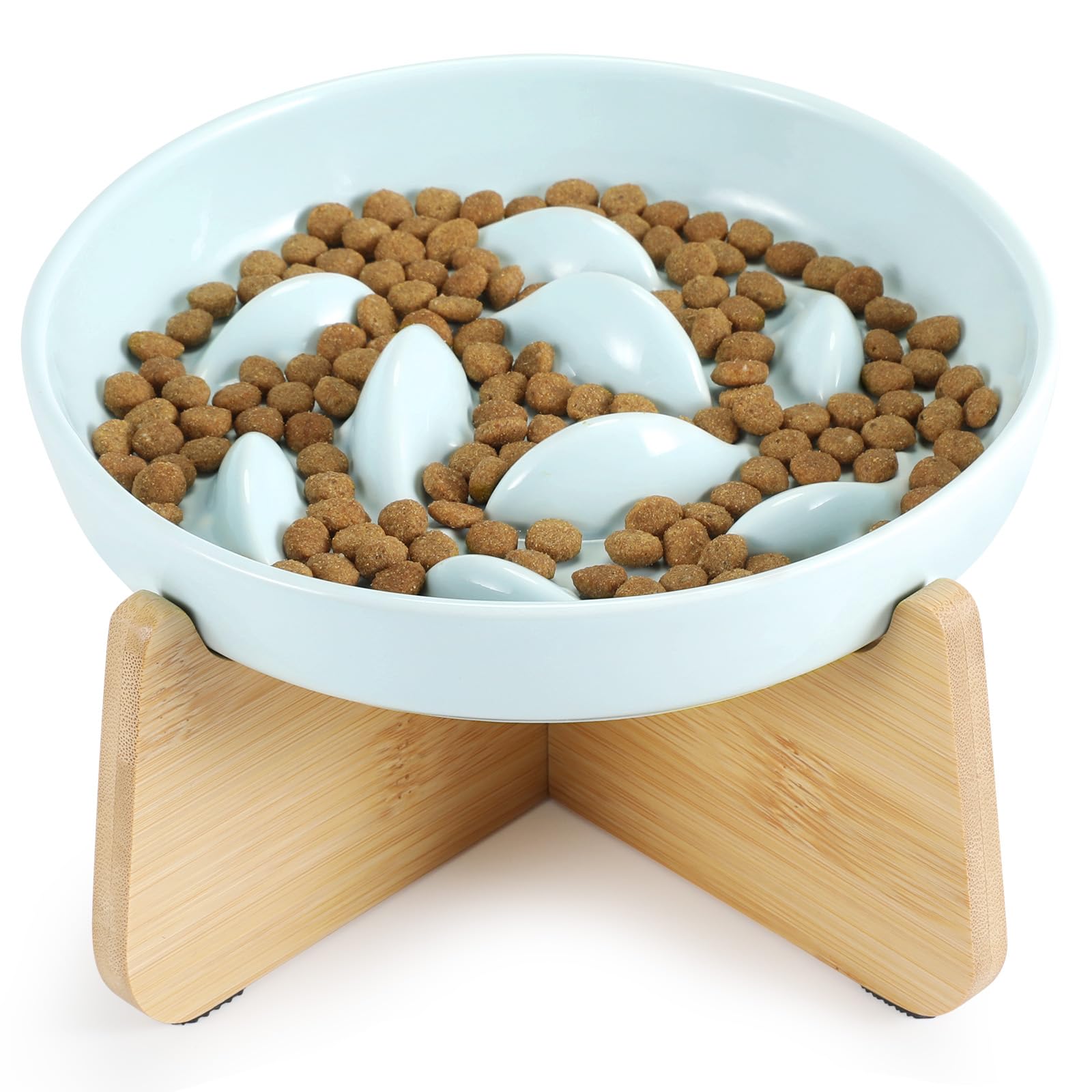 PETTOM Slow Feeder Cat Bowl with Stand, Ceramic Slow Eating Cat Bowl with Higher Edges Fish Pool Design Elevated Food Bowls for 