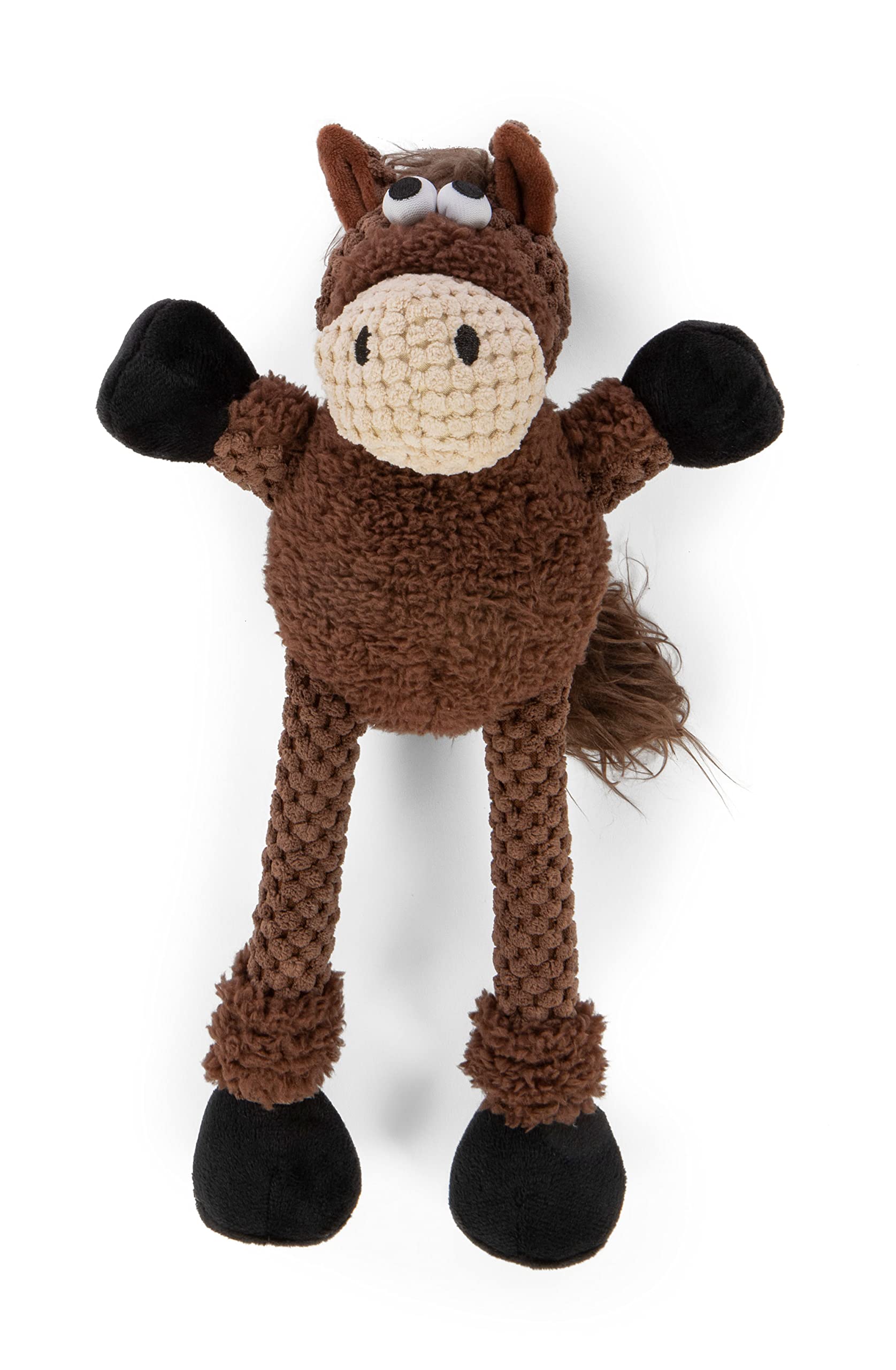 Godog Checkers Skinny Horse Squeaky Plush Dog Toy, Chew Guard Technology - Brown, Small