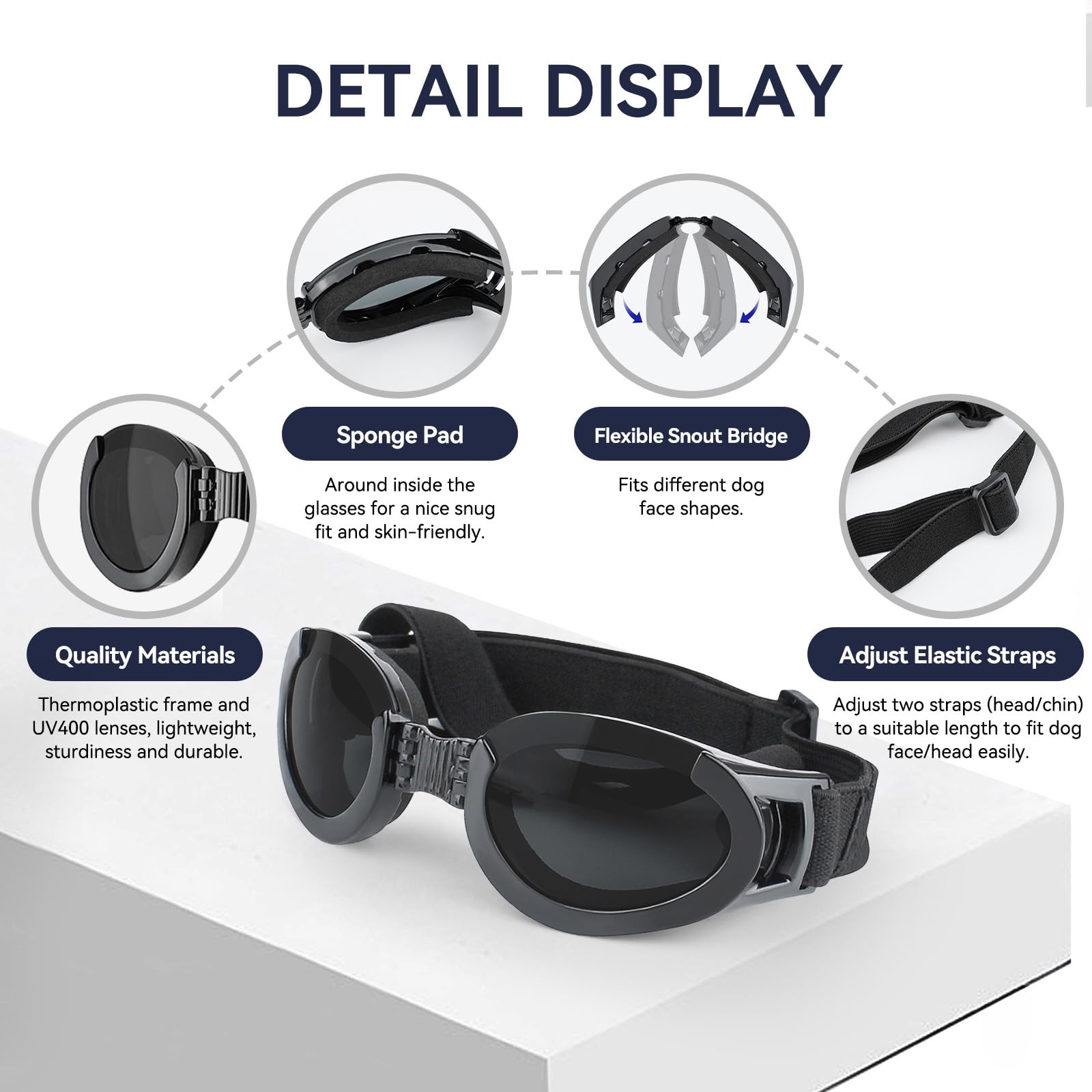 Petleso Dog Goggles Medium Breeds, Clear Uv Protection Dog Sunglasses With Black Replaceable Lenses, Adjustable Doggy Glasses Fo