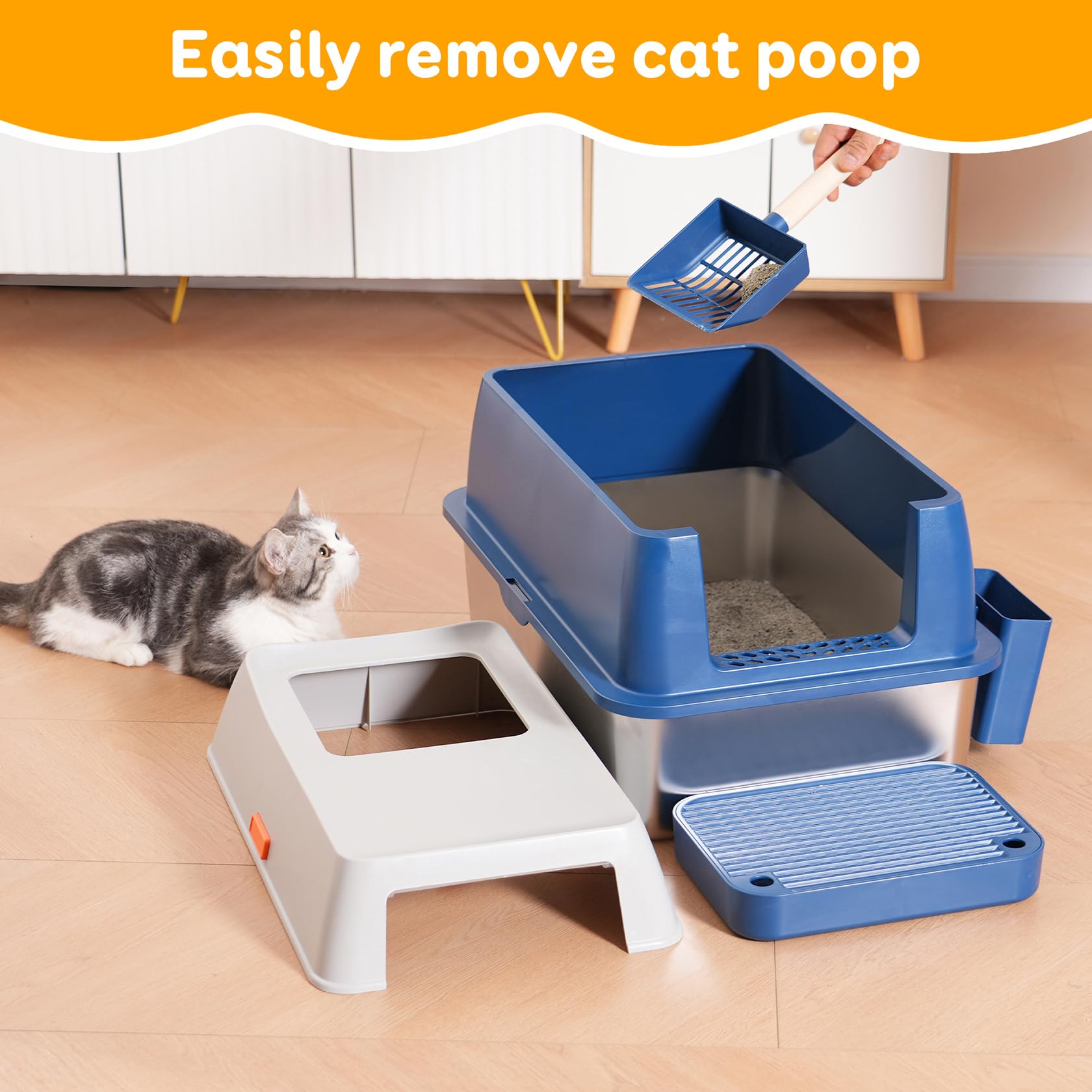 Enclosed Stainless Steel Litter Cat Box With Lid For Big Cats, Top Entry Covered Jumbo Metal Tray, Extra Large, High Sides, Dura