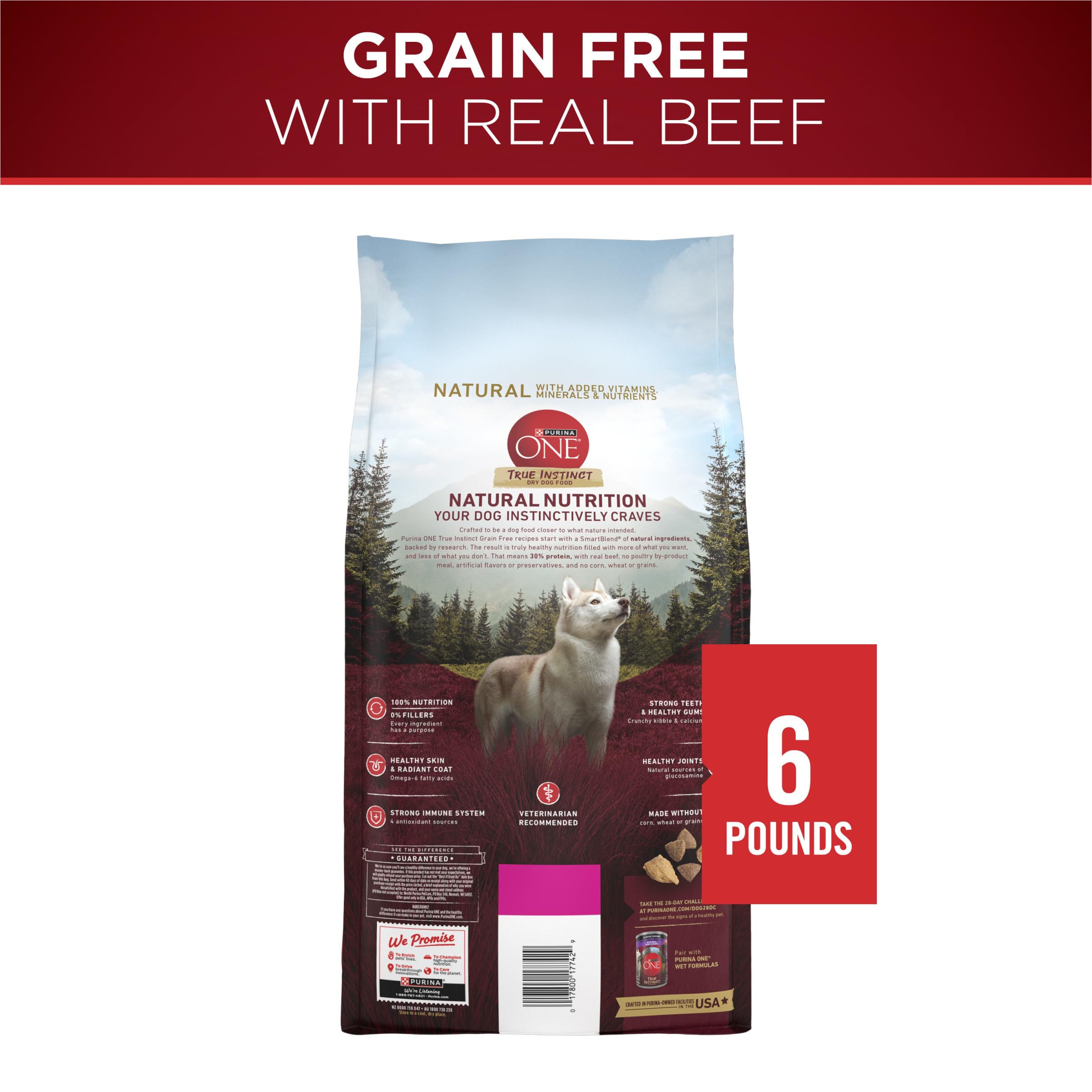 Purina ONE Grain Free Natural Dry Dog Food, SmartBlend True Instinct With Real Beef - 6 lb. Bag, Model:00017800177436