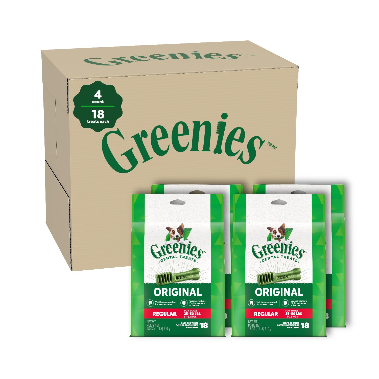 Greenies Original Regular Dental Dog Treats, (4) 18 ct Packs (72 Treats Total)