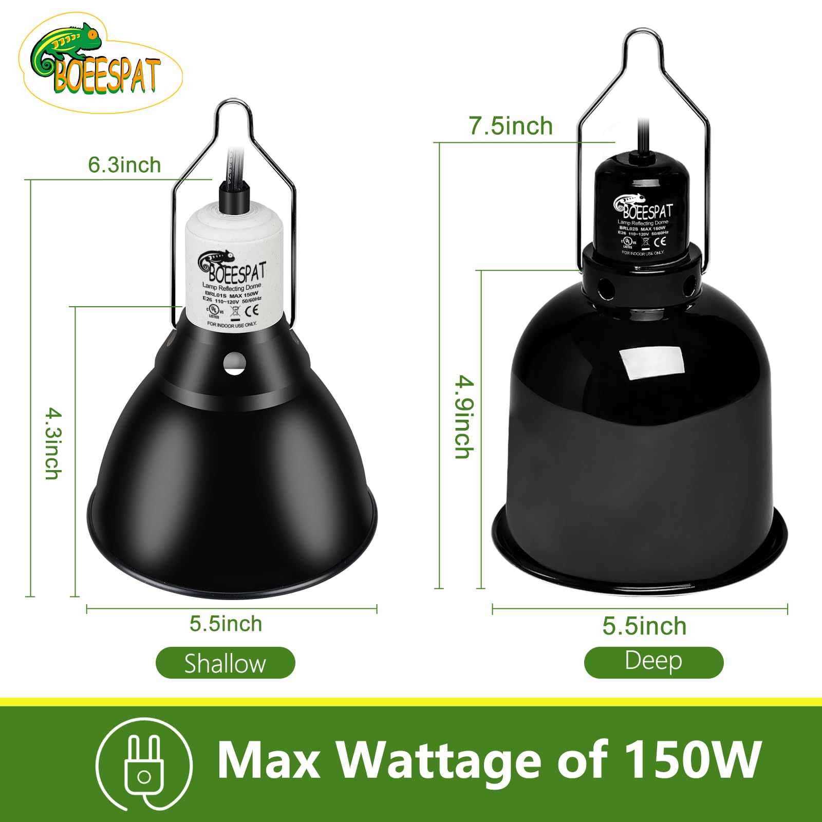 Boeespat Reptile Light Fixture 5.5 Inch Deep Dome With Switch, Optical Reflecting Cover For Uvb/Uva Basking Bulbs & Ceramic Heat