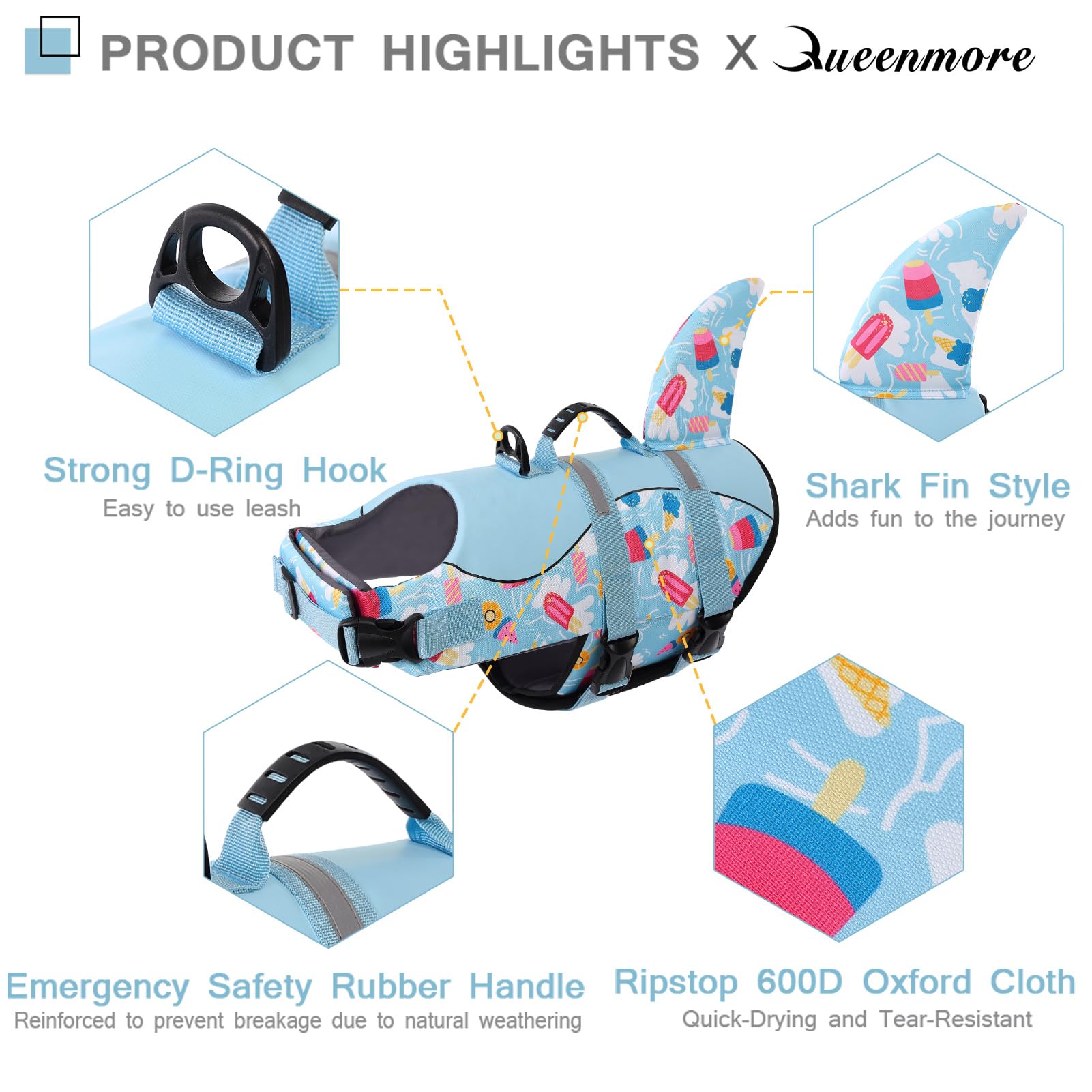 Queenmore Shark Dog Life Vest For Swimming, Boating, Kayaking, Surfing, Canoeing - High Buoyant Dog Life Jacket, Ripstop High Fl
