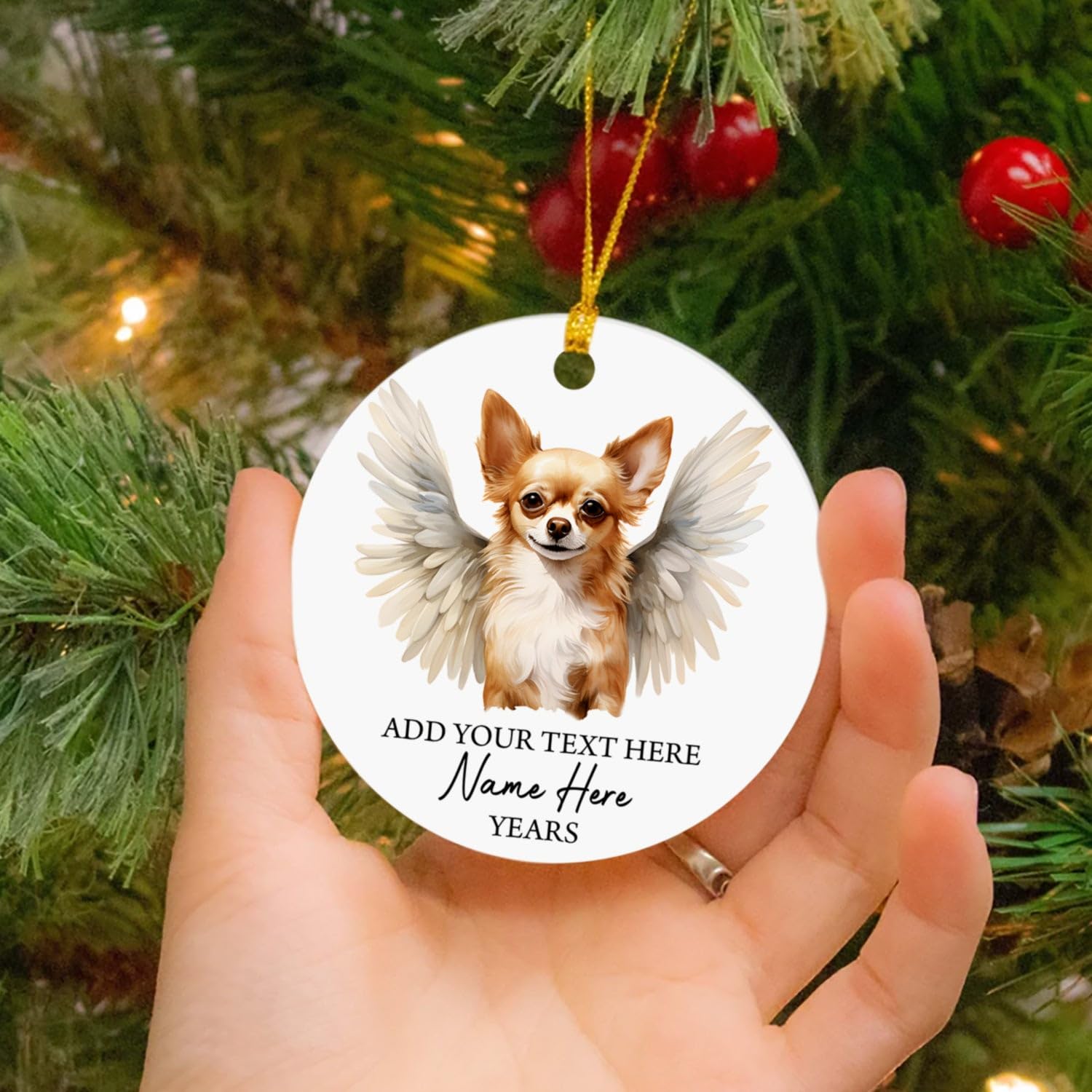 Personalized Chihuahua Dog Memorial Ornament, Gifts For Dog Owners, Chihuahua With Angel Wings Ornament, Loss Of Chihuahua Dog Sympathy Gifts, Customized Text Name & Year Christmas Tree Hanging