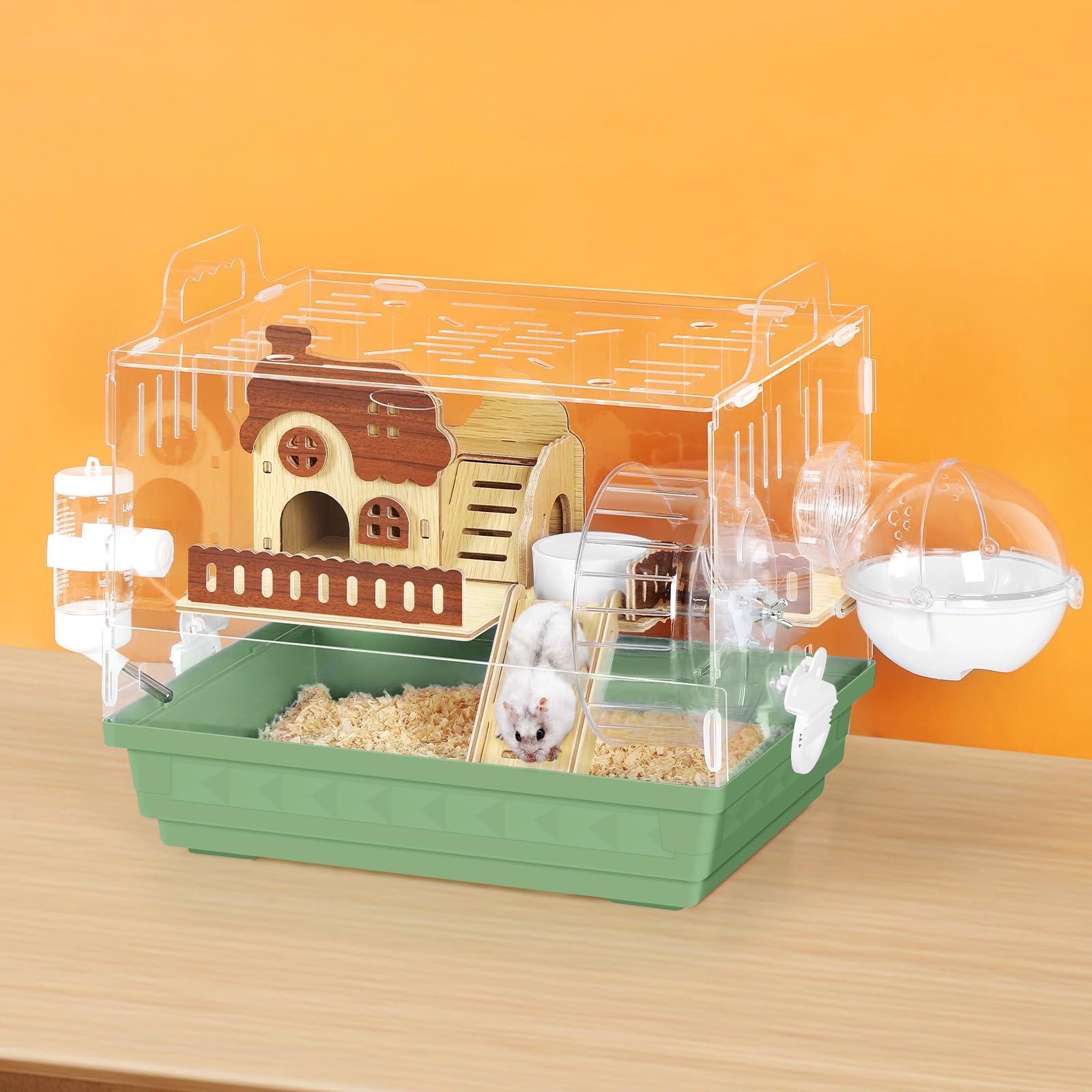 Hamster Cage Acrylic Hamster Habitat 360 Viewing Transparent Pet Rat Cage with Running Wheel & Hideout for Dwarf/Syrian Hamsters