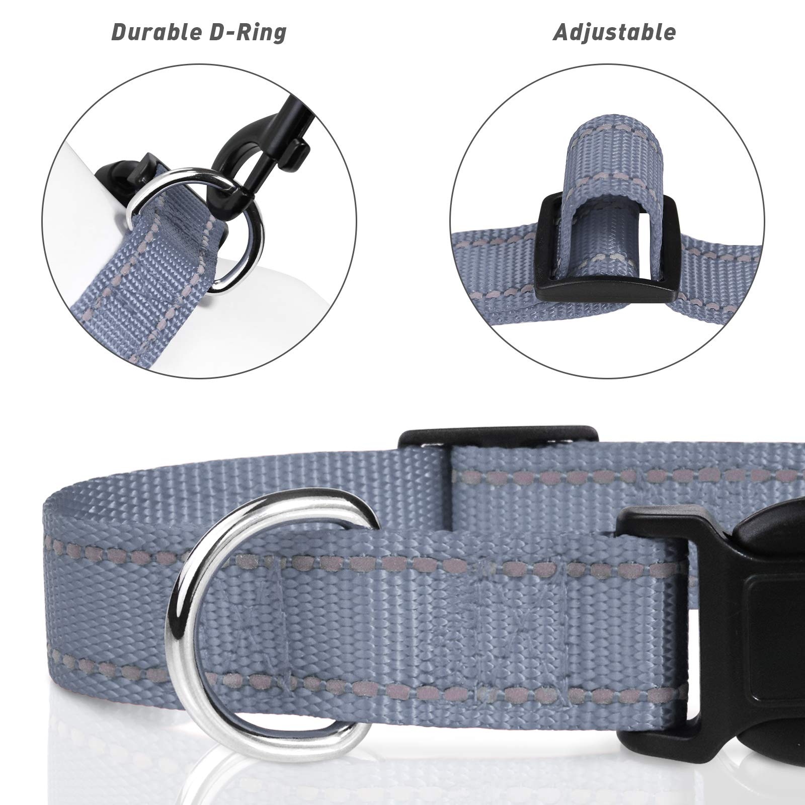 Tagme Reflective Nylon Dog Collars, Adjustable Classic Dog Collar With Quick Release Buckle For Small Dogs, Grey, 3/4' Width