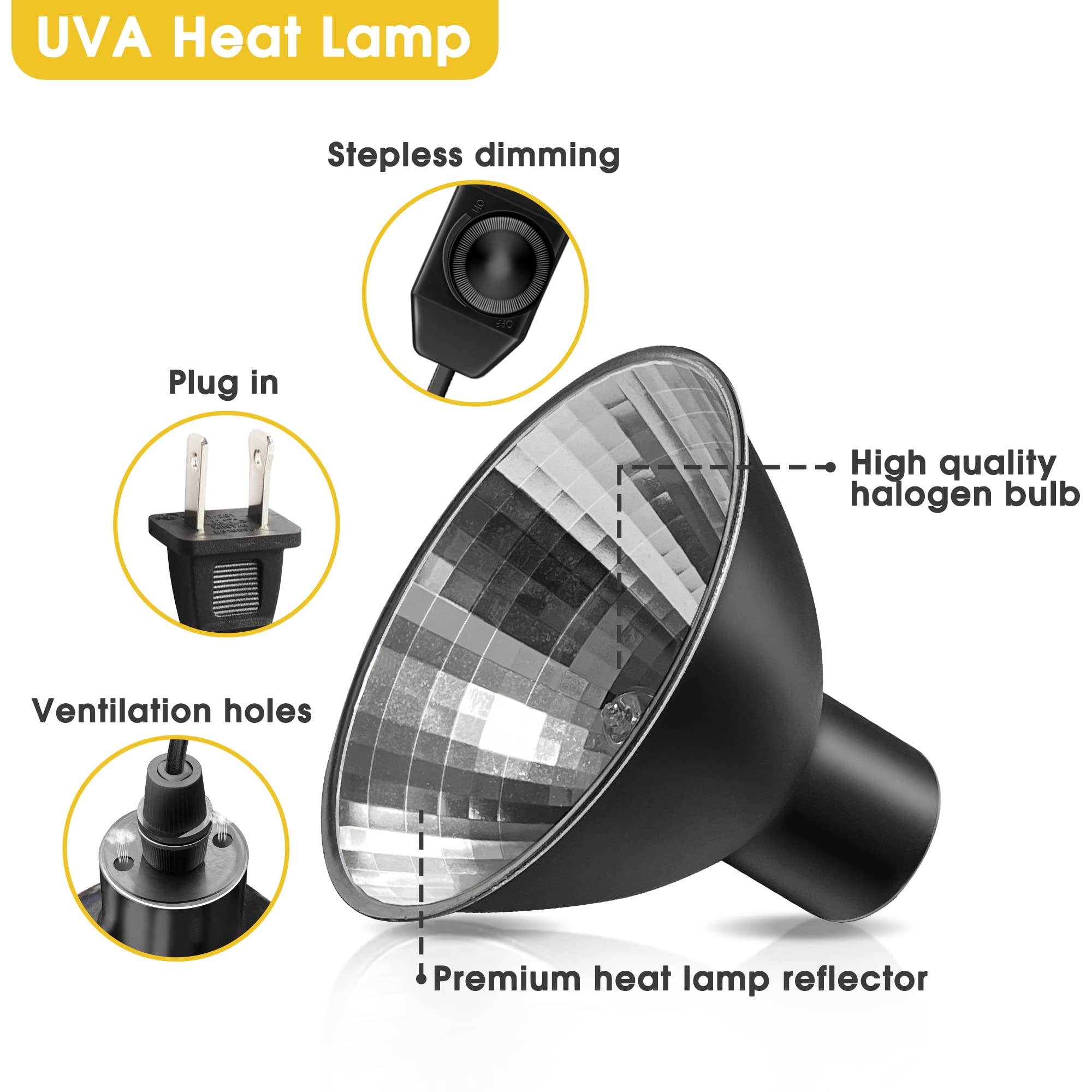 Reptile Heat Lamp, Briignite UVA Basking Light for Reptiles 50W, G9 Halogen Heat Bulb & Dome Reptile Light Fixture, Aluminum Ref