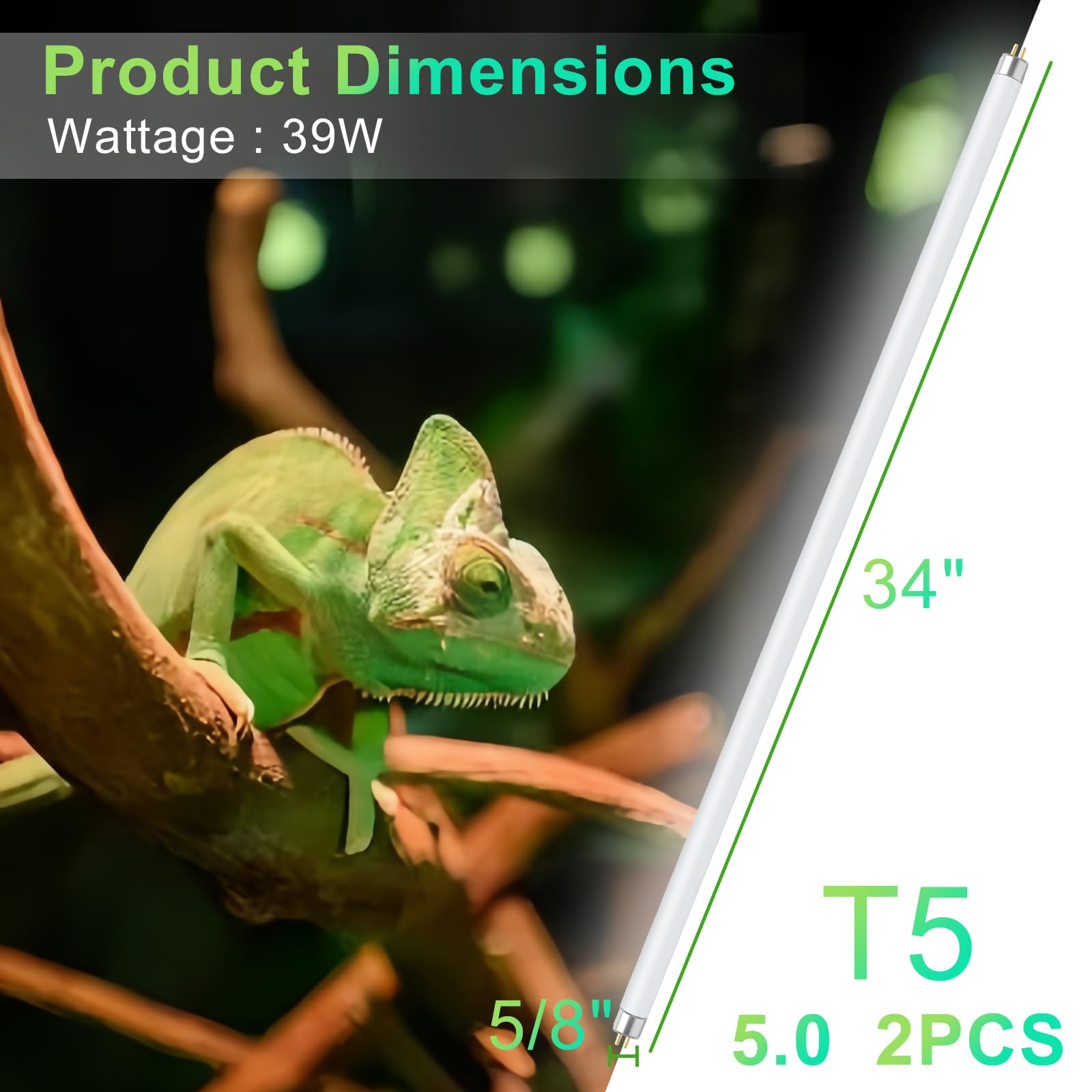 LUCKY HERP T5 UVB 5.0 Reptile Light - 39W Fluorescent Lamp Tube for Turtles, Chameleons, Lizards - 34" UV