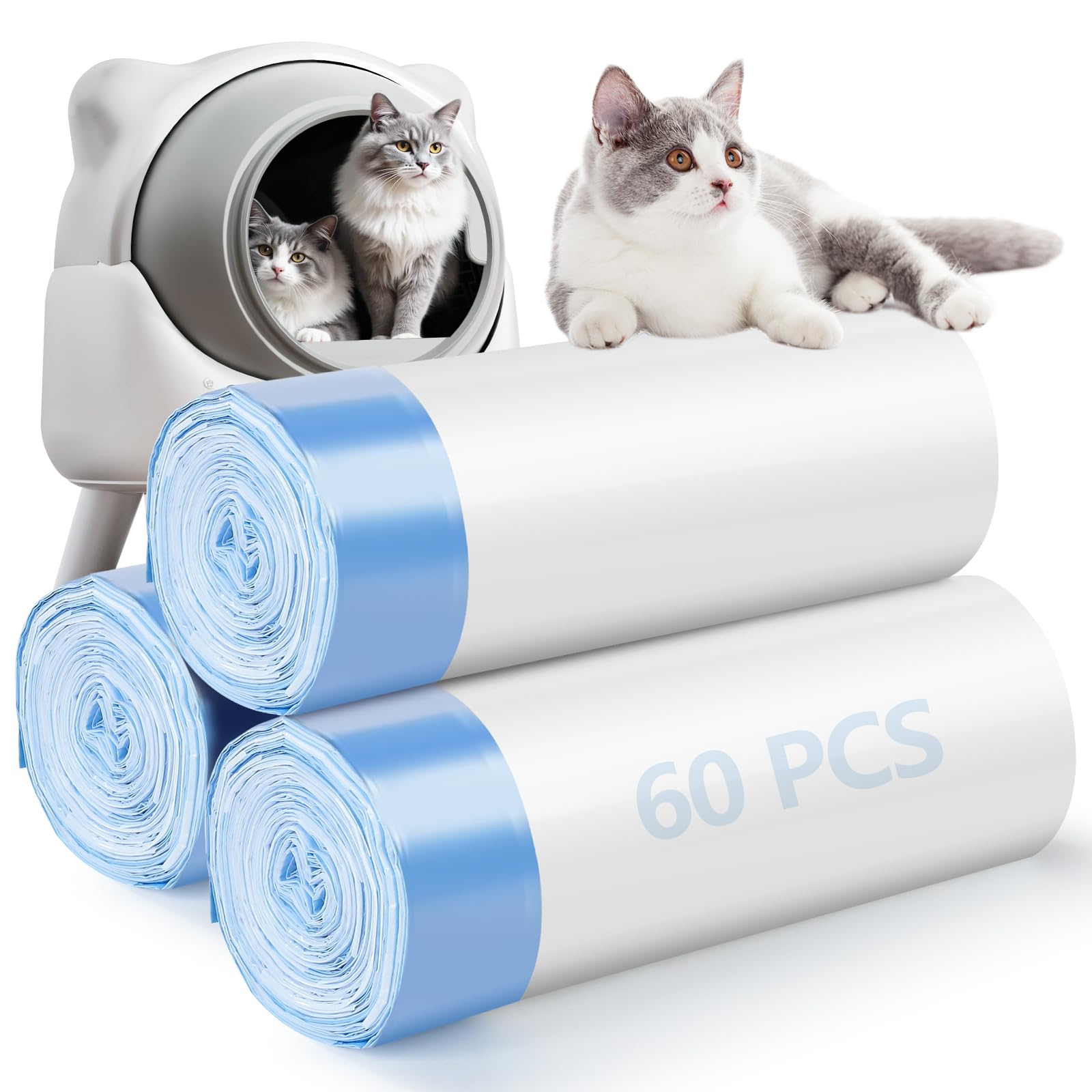 60 Pack Cat Litter Bags Compatible with Litter Robot 3 & 4, Self Cleaning Automatic Litters Box Liners, 25.2 x 15.7 inch (10-12 