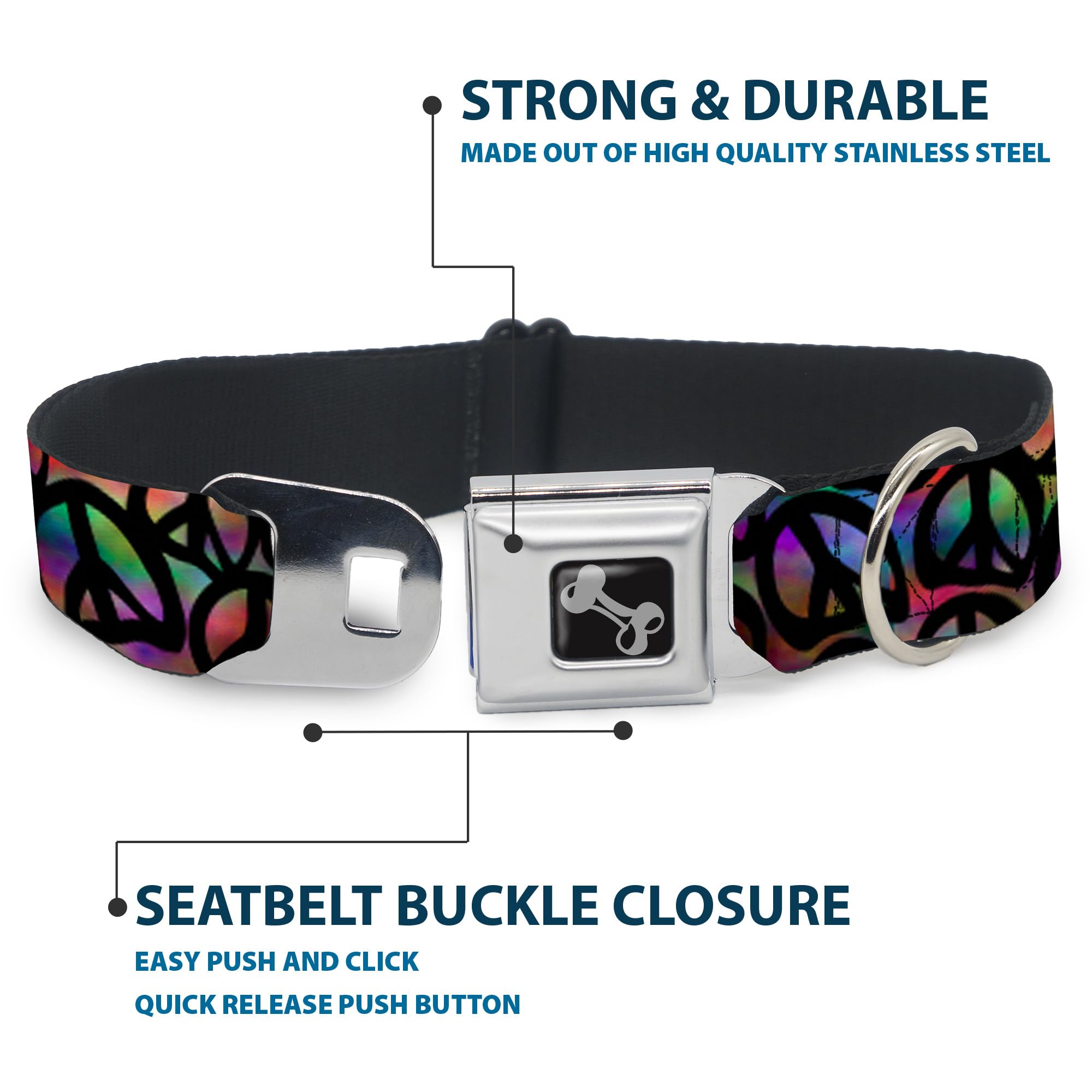 Buckle-Down Seatbelt Buckle Dog Collar - Peace Psychedelic - 1' Wide - Fits 9-15' Neck - Small