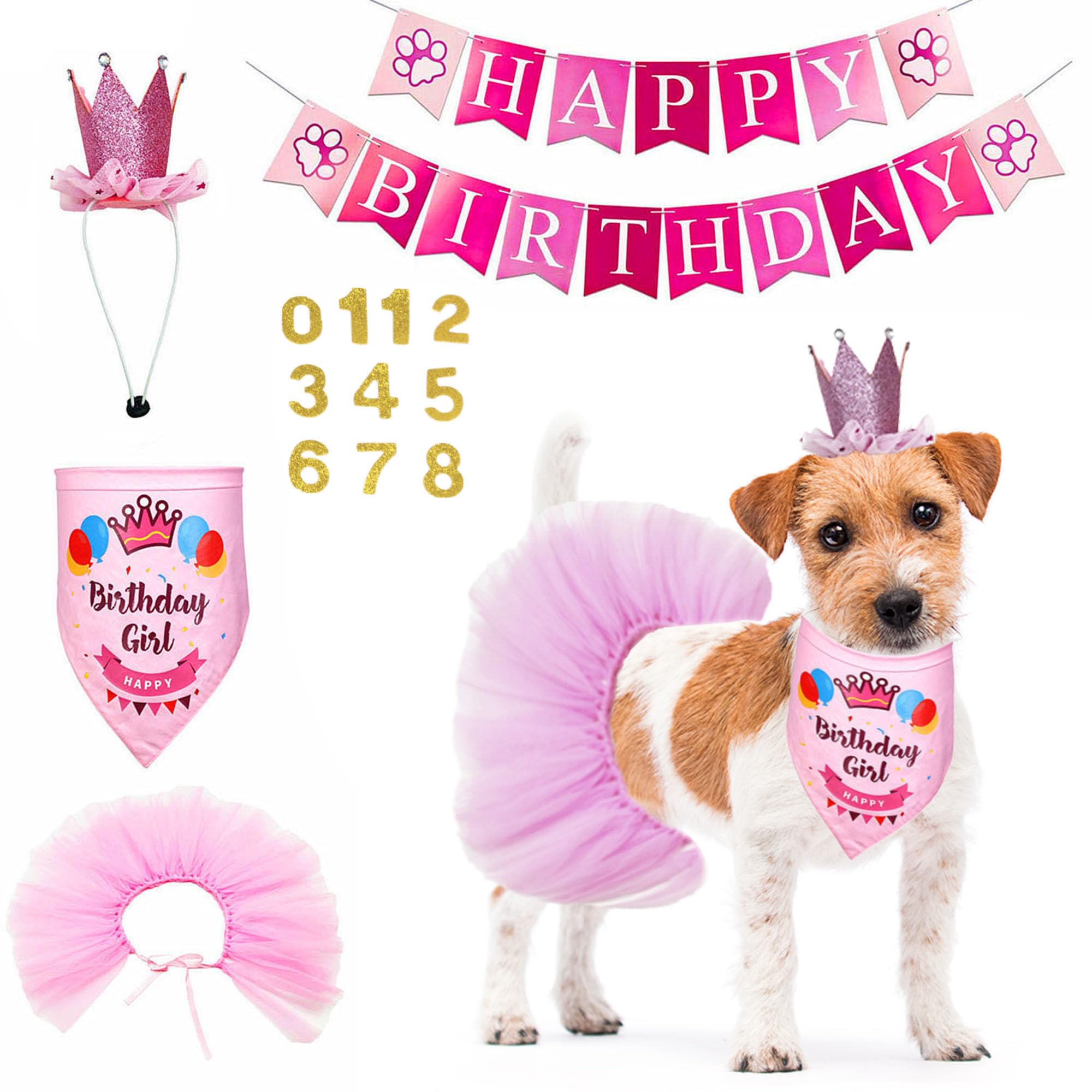 Adoggygo Dog Birthday Hat Bandana Girl - Puppy Birthday Party Supplies - Pink Puppy Tutu Hat Scarf Banner Set For Small Dogs (Sm