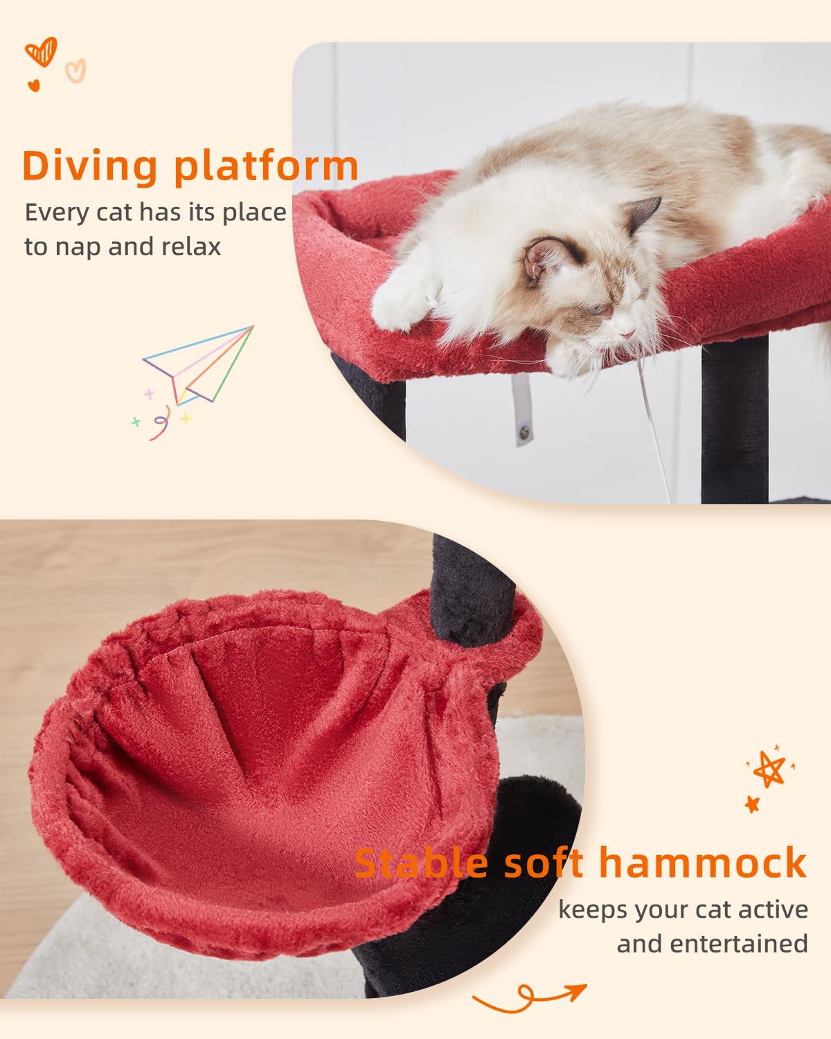 Taoqimiao Cat Tree Tower, 38.5-Inch Indoor Condo, Plush Black and Red, Model MS029SBR, Adjustable Baskets for Kittens
