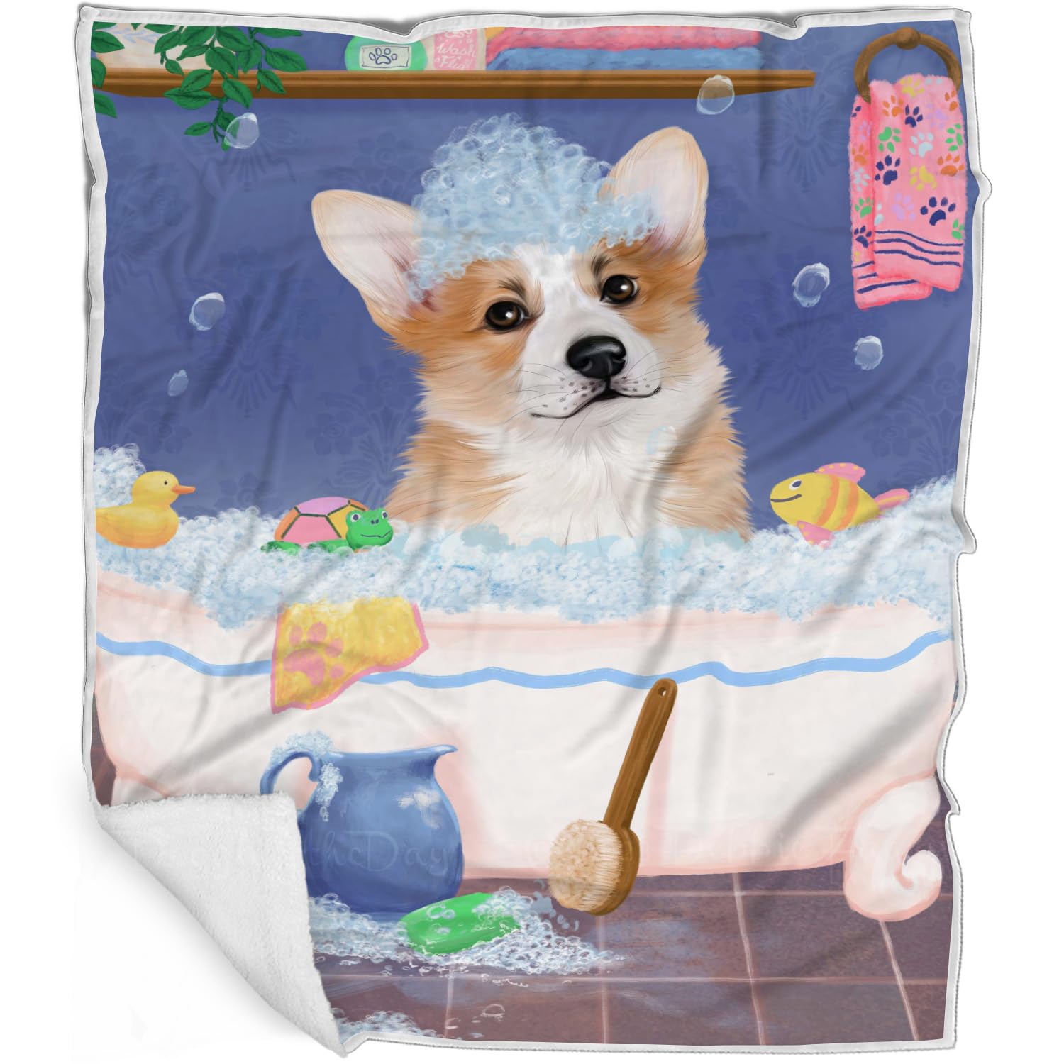 Rub A Dub Dog in A Tub Corgi Dog Blanket  Lightweight Soft Cozy and Durable Bed Blanket  Animal Theme Fuzzy Blanket for Sofa C