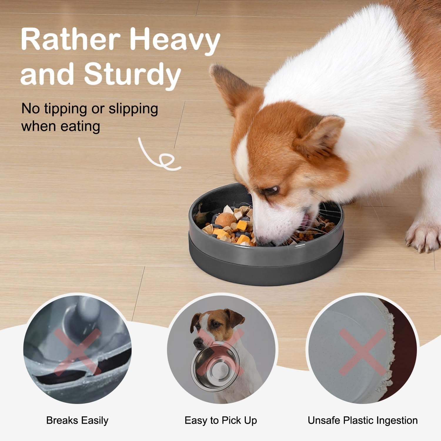 Sted Ceramic Slow Feeder Dog Bowl, Medium 8" Grey with Silicone Base, Perfect for Fast Eaters