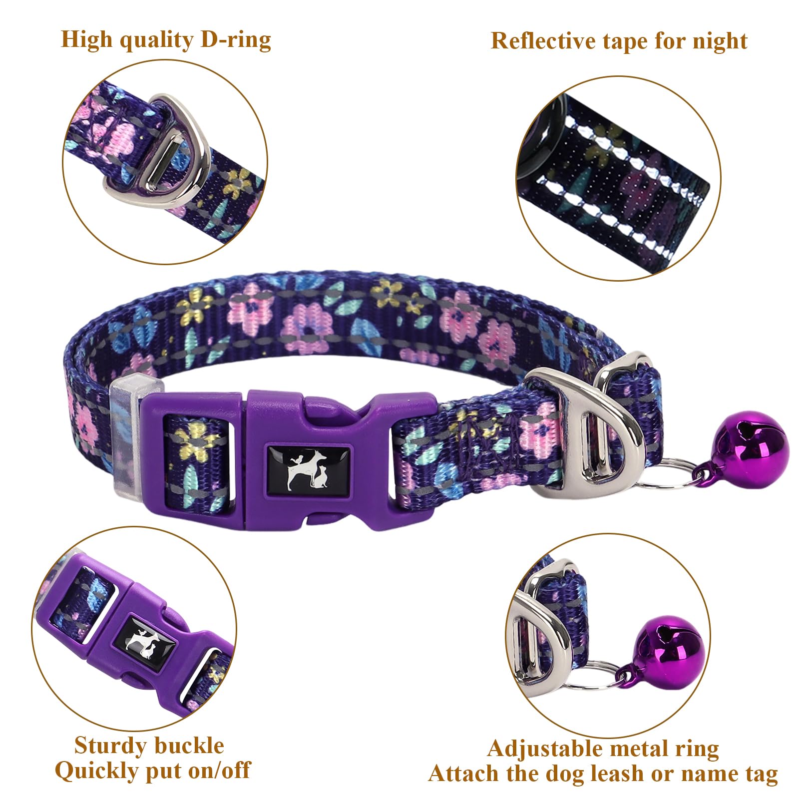Floral Reflective Dog Collar With Bell -Xsmall Puppy Collars For Puppia Pet Cat Girl Kitten Small Breeds, Cute Adjustable Nylon