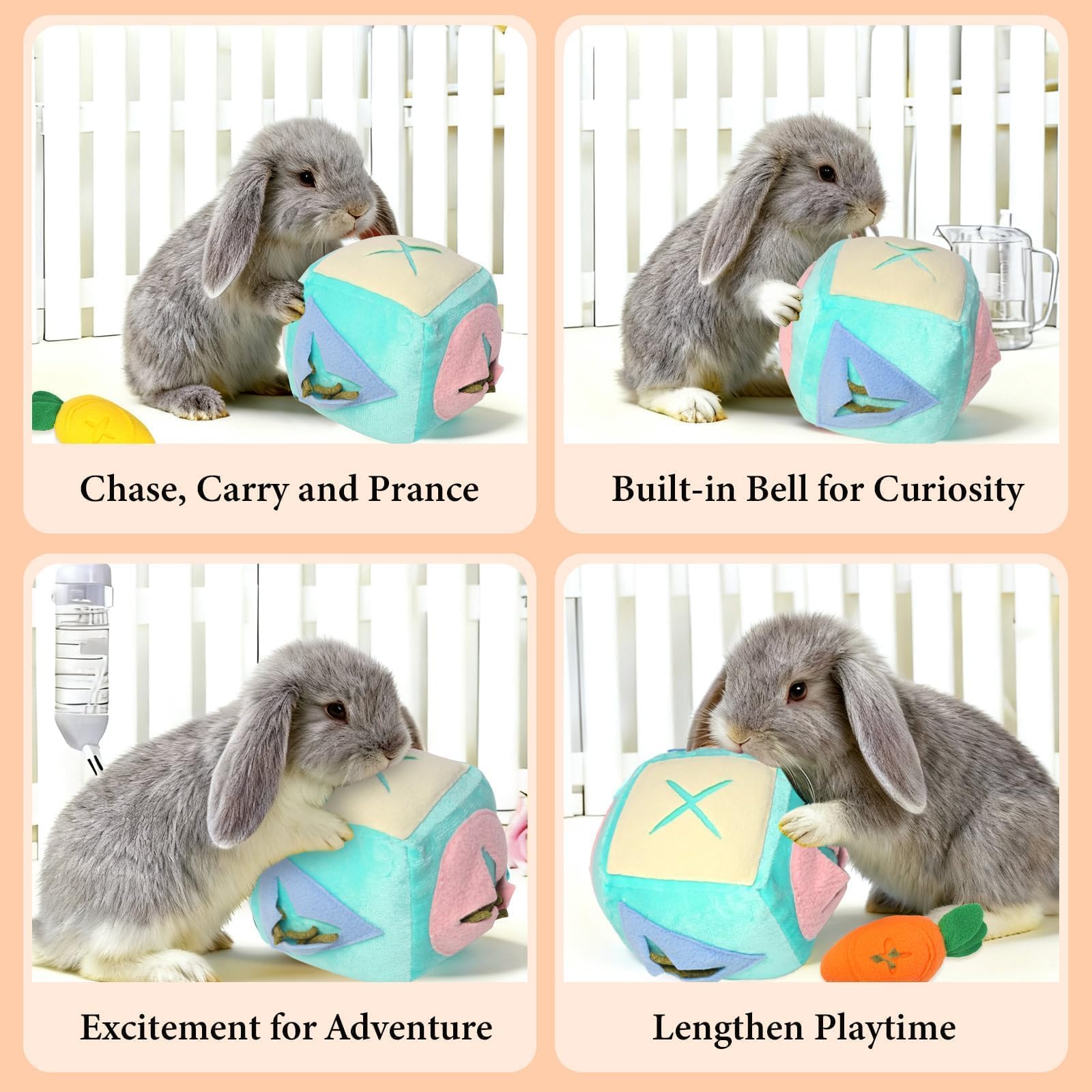 Hollima Large Rabbit Foraging Toy with Bell, Washable Puzzle Feed Game Rabbit Toy for Bunnies Boredom, Snuffle Ball Treat Dispen