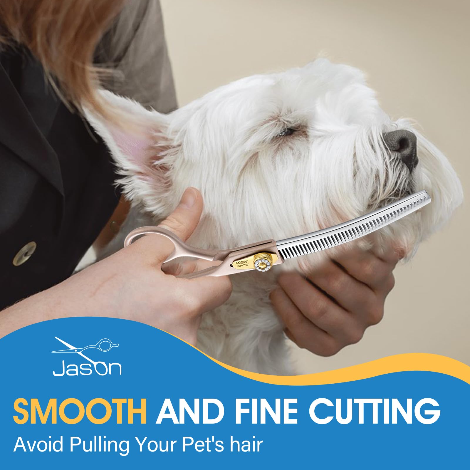 JASON 7” Curved Thinning Shears - Professional Dog Grooming Scissors, 440C Stainless Steel, Adjustable Screws, 20%-25% Thinning Rate