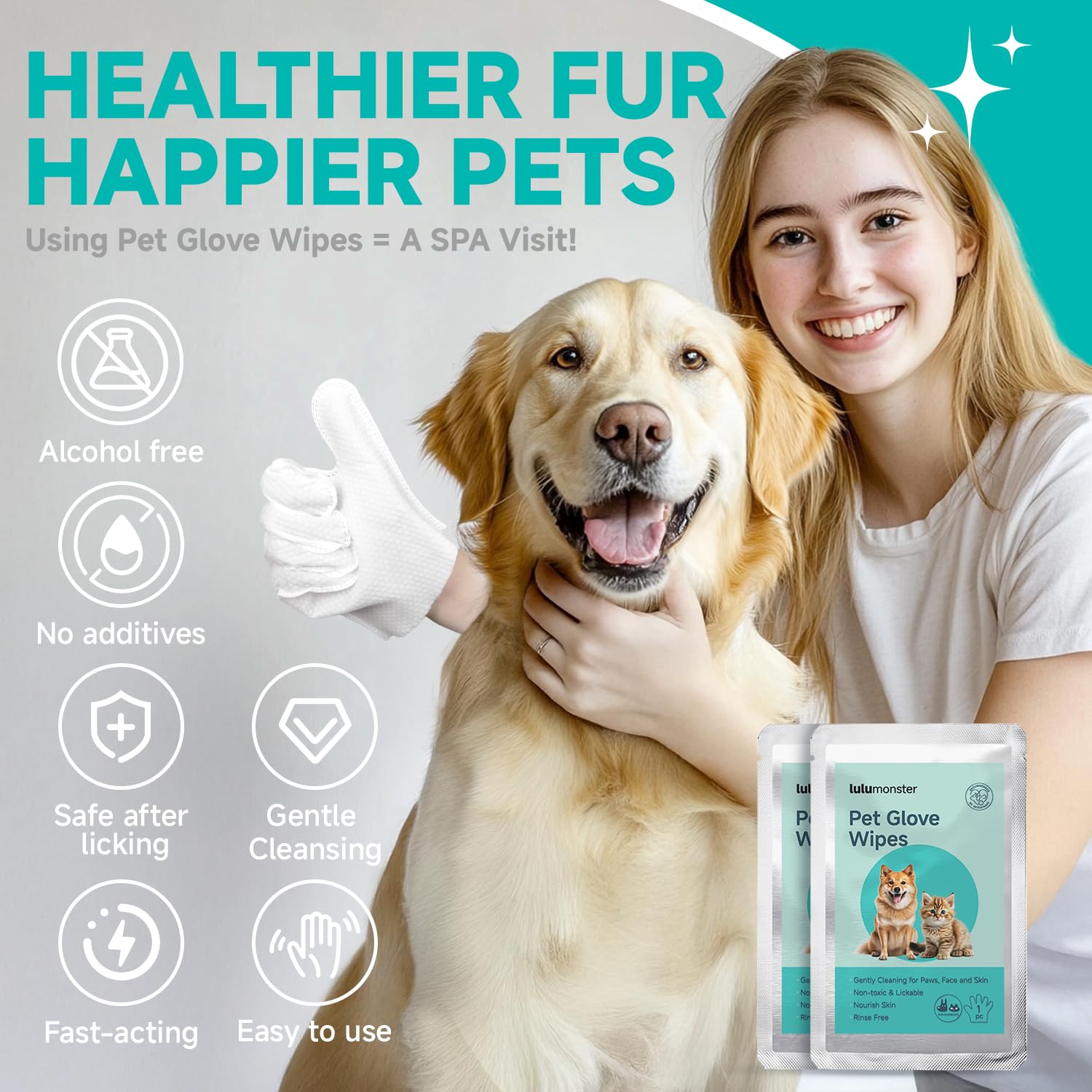 Pet Glove Wipes For Dogs And Cats [Individually Wrapped][Hypoallergenic Cleaning & Deodorising] Glove Bathing Wipes Moisture-Ric