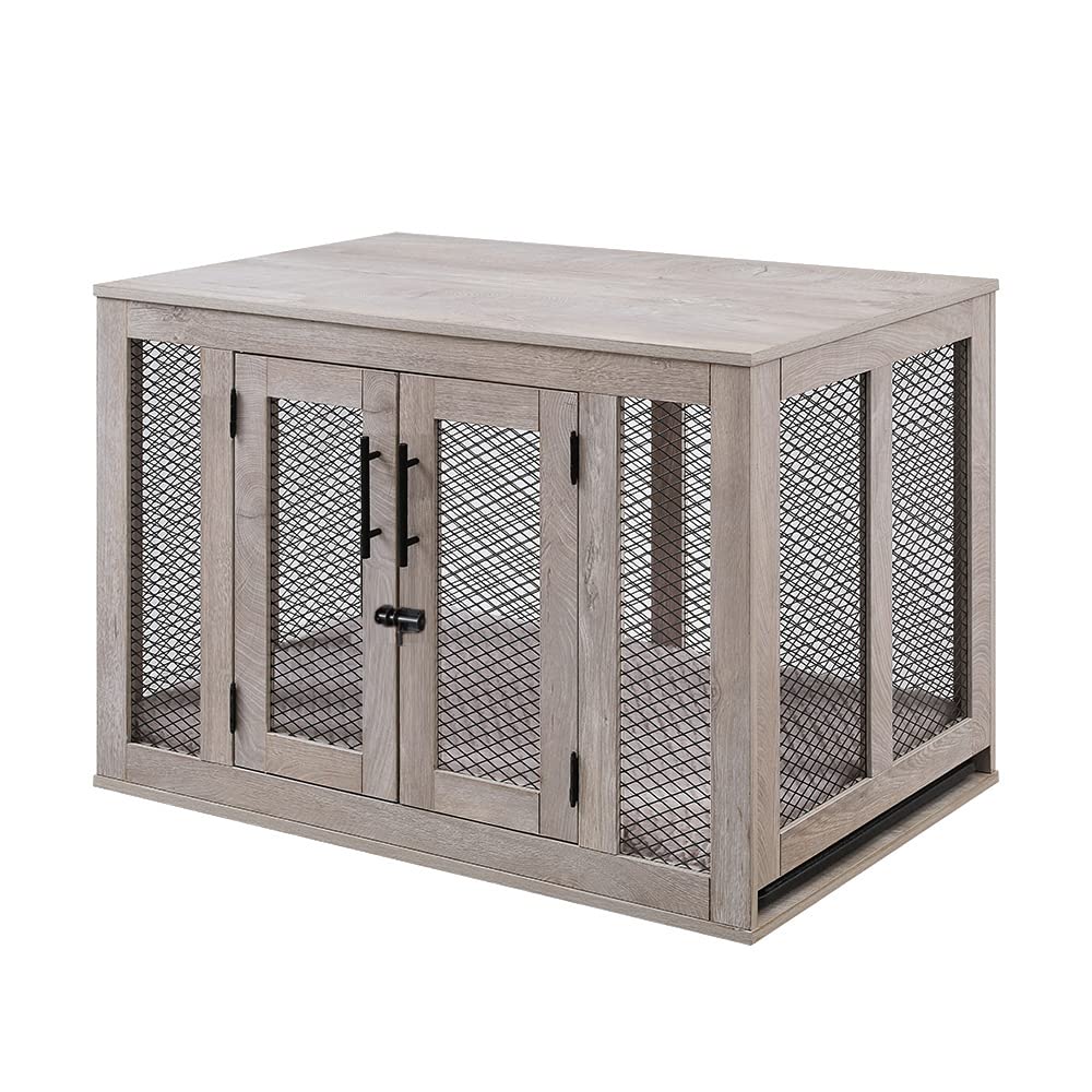 Unipaws Furniture Dog Crate With Tray For Medium Dogs, Indoor Aesthetic Puppy Kennel Pet House Dog Cage With Door, Modern Decorative Wood Pretty Cute Fancy End Side Table Nightstand, Grey