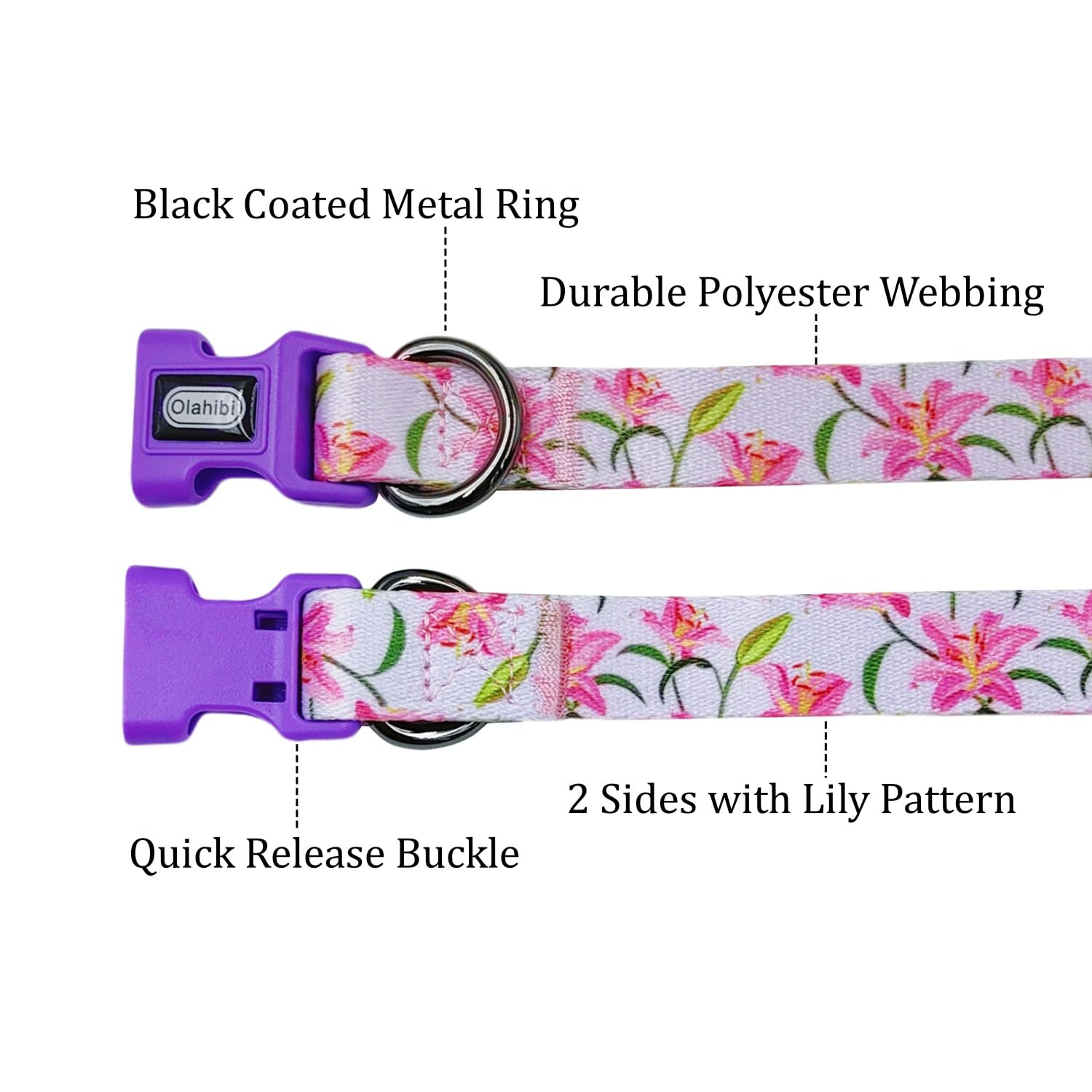 Olahibi Dog Collar And Leash Set, Lily Floral Pattern, Polyester Material, 5Ft Leash, For Puppy Dogs.(Xs, Purple Lily)