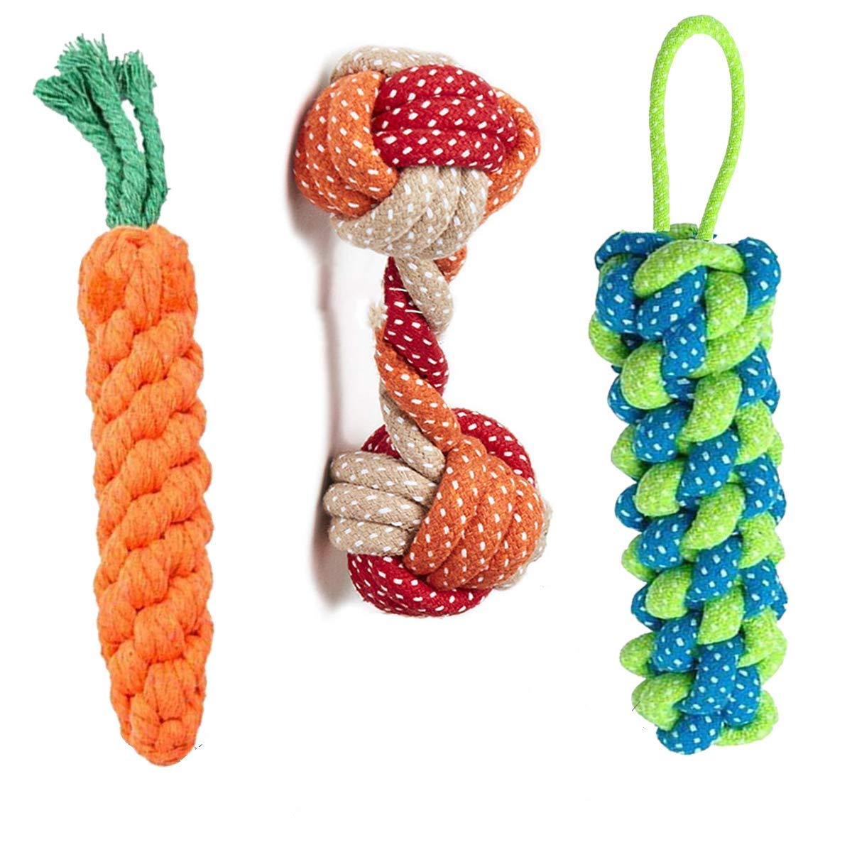Pet Believe Combo Of 3 Durable Cotton Made Rope Toys For Dogs & Puppies |2 Carrot Rope Toy | 1 Rope Dumbbell (Combo Of 3) Colour