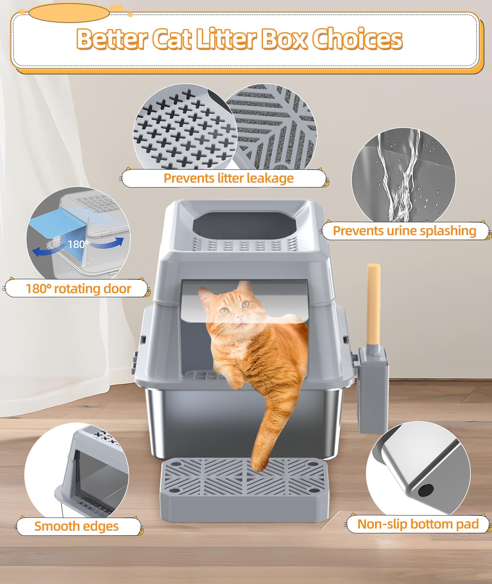Epn Stainless Steel Cat Litter Box With Lip, Xxl Extra Large Enclosed Removable Metal Litter Box For Big Cats, High Sided Enclos