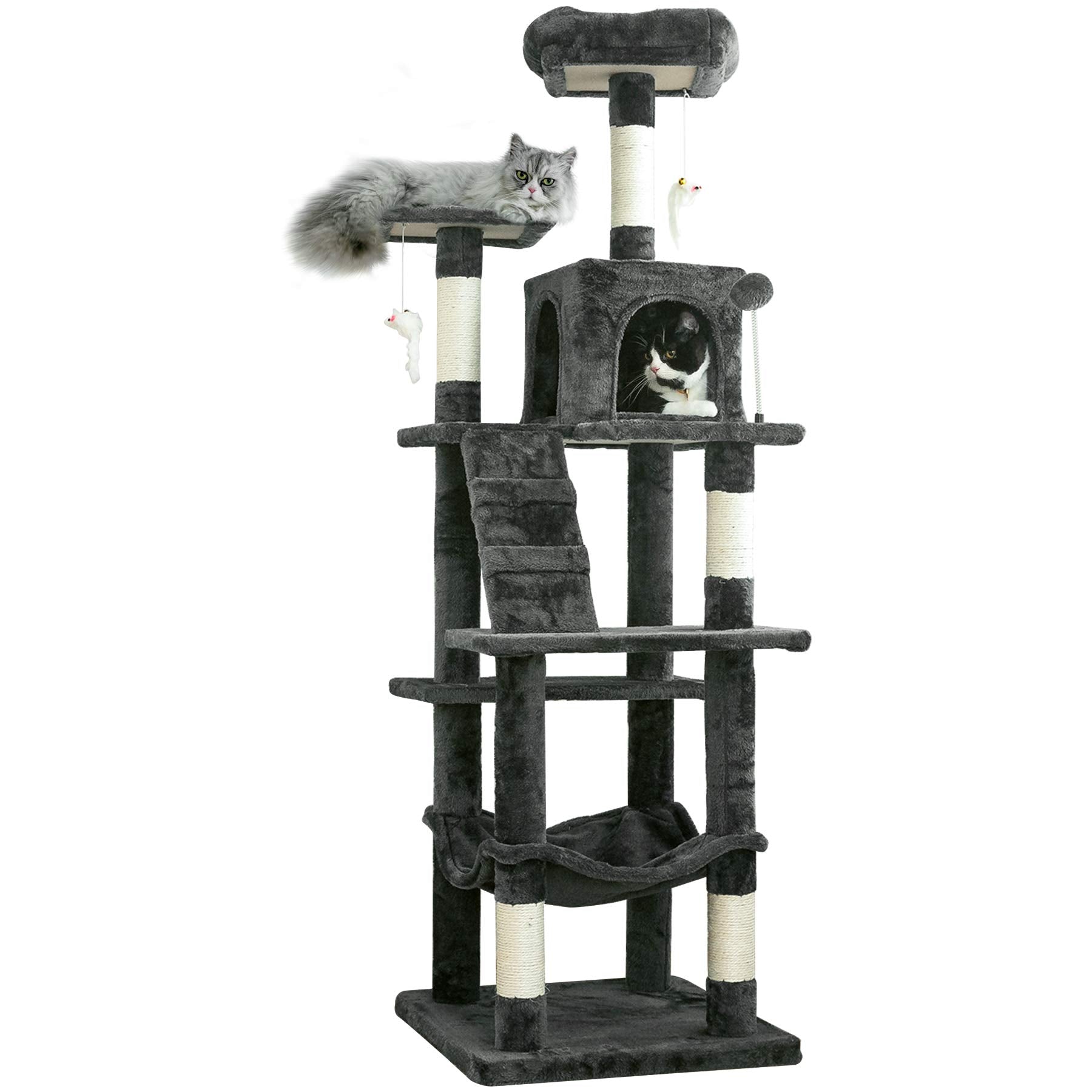 Mwpo 63.8 Inches Multi-Level Cat Tree For Large Cats With Sisal-Covered Scratching Posts, Padded Platform, Hammock And Condo,Stable Cat Tower Cat Condo Pet Play House-Smoky Gray