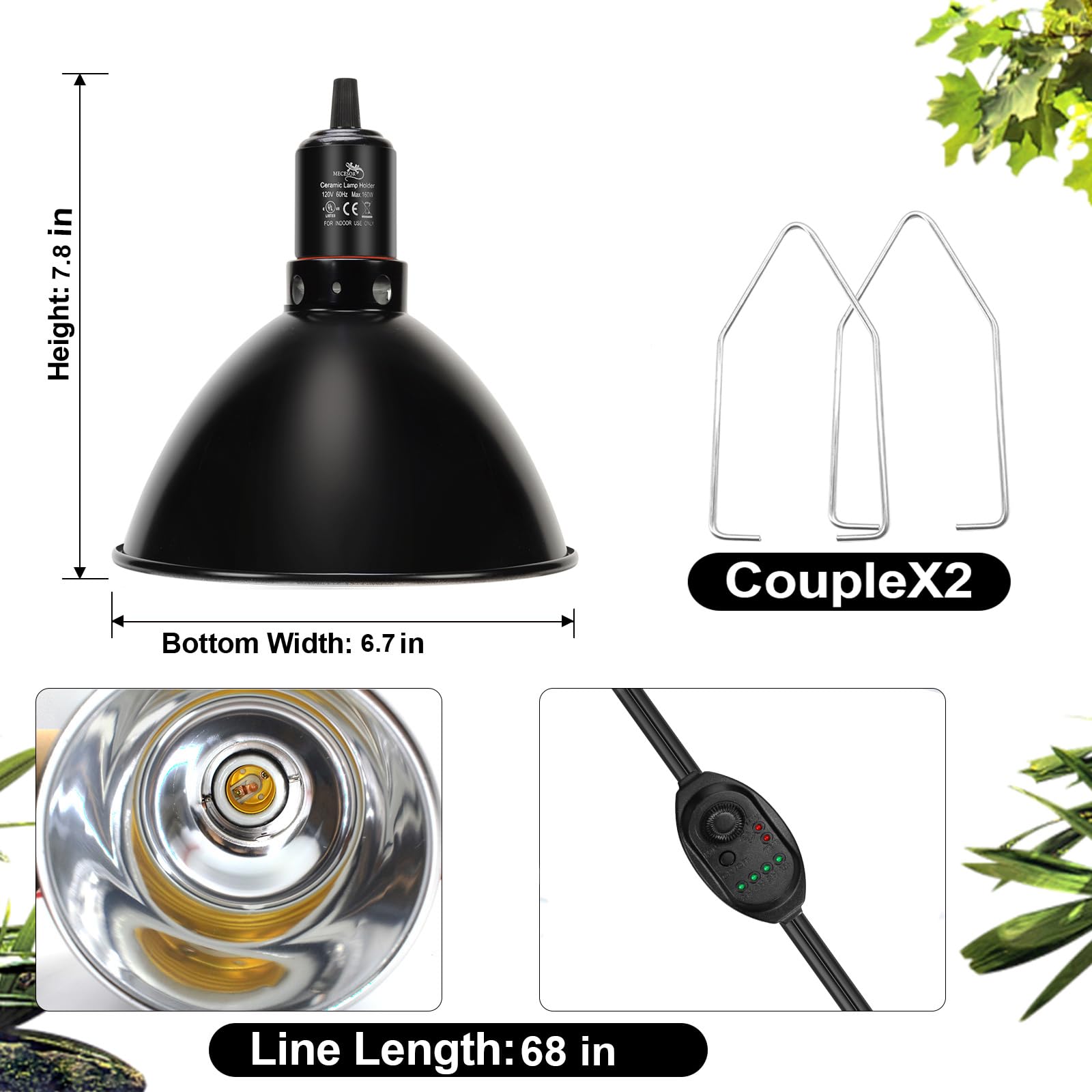 Mecesor Reptile Light Fixture With Dimming Switch And Timer, 8.5 Inch Deep Dome Reptile Heat Lamp Fixture, Reptile Lamp Fixture