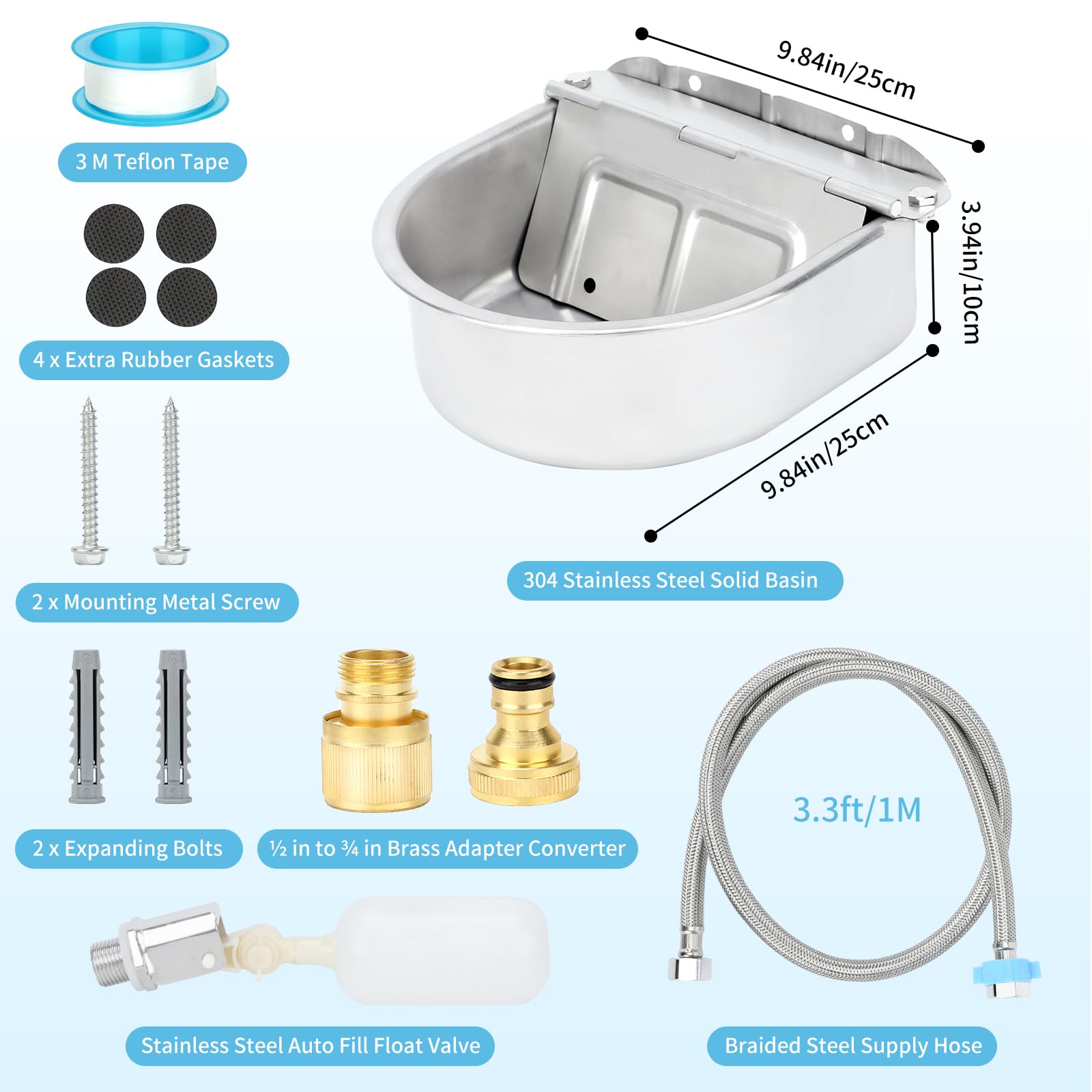 FHTONGE 304 Stainless Steel Automatic Dog Water Bowl Dispenser with Drainage and Float Valves, Large Auto Fill Dog Waterer for O