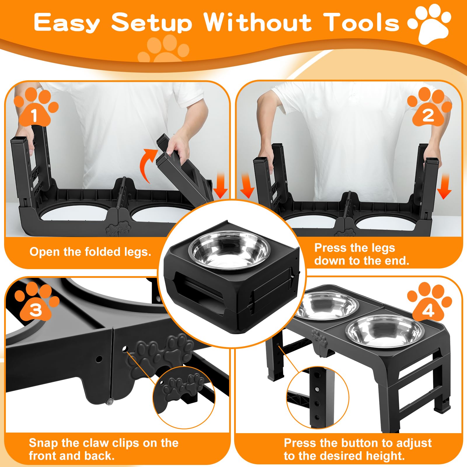 Elevated Dog Bowl Stand for Large Dogs - 2 Extra Large 10    Stainless Steel Bowls, 5 Adjustable Heights(7.5-15.4), Foldable Non