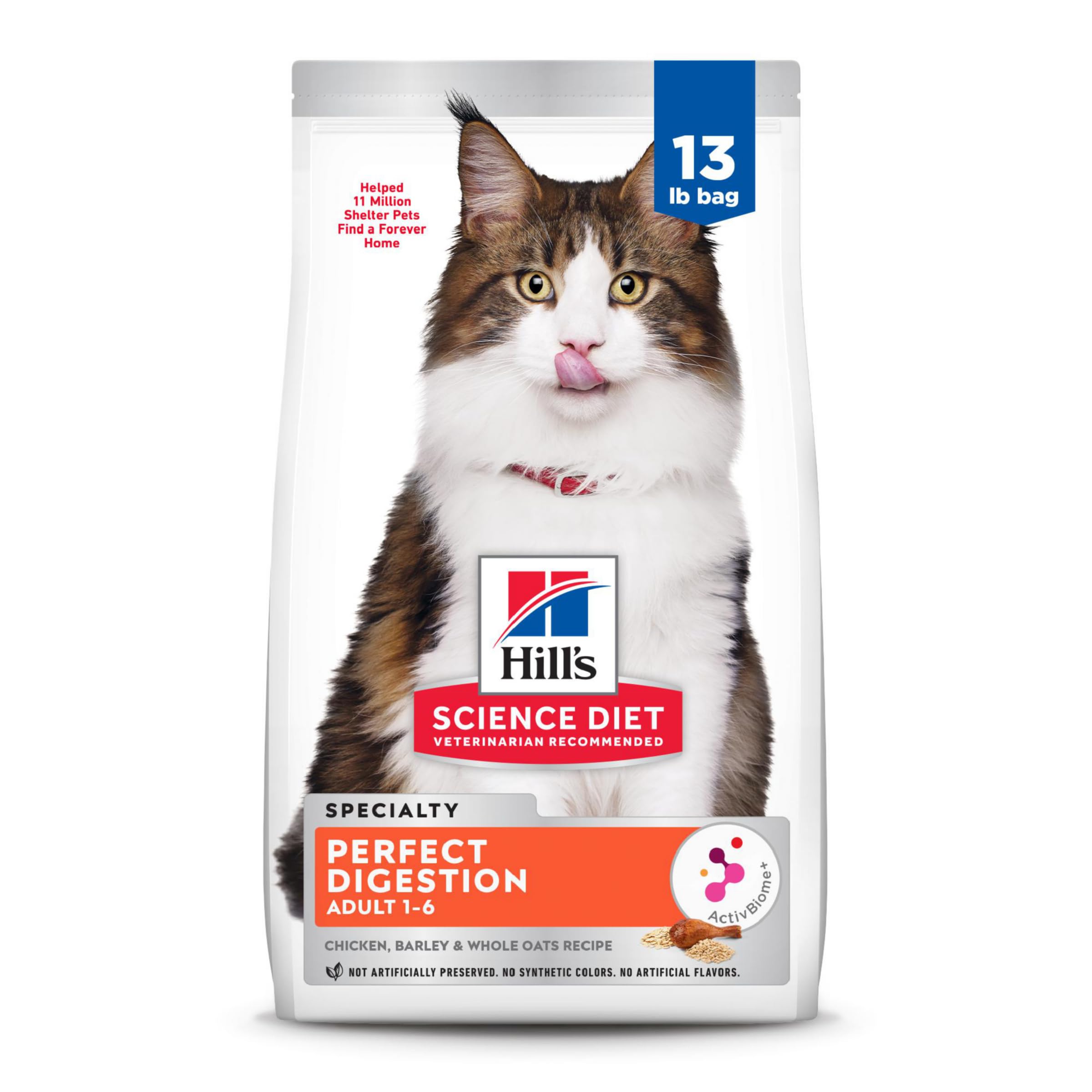Hills Science Diet Perfect Digestion, Adult 1-6, Digestive Support, Dry Cat Food, Chicken, Brown Rice, & Whole Oats, 13 lb Bag
