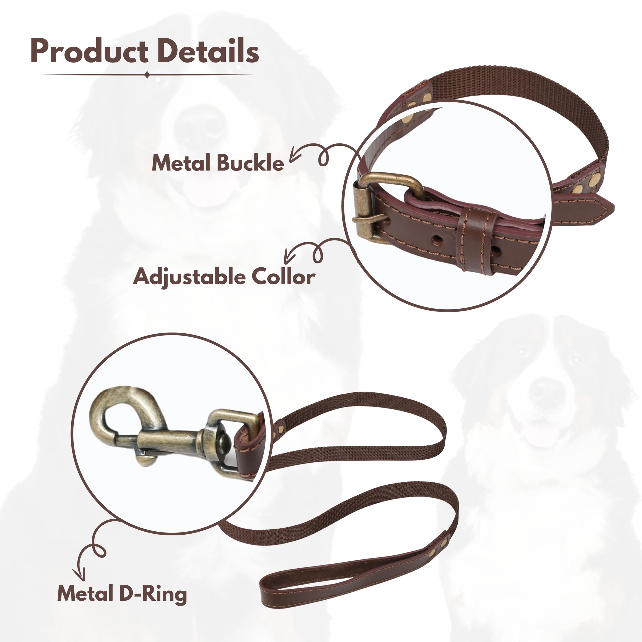 Dog Leash And Collar Set With Metal Buckle, Heavy Duty Leather And Nylon Combo, Adjustable And Durable Pet Walking Gear, 18 Inch